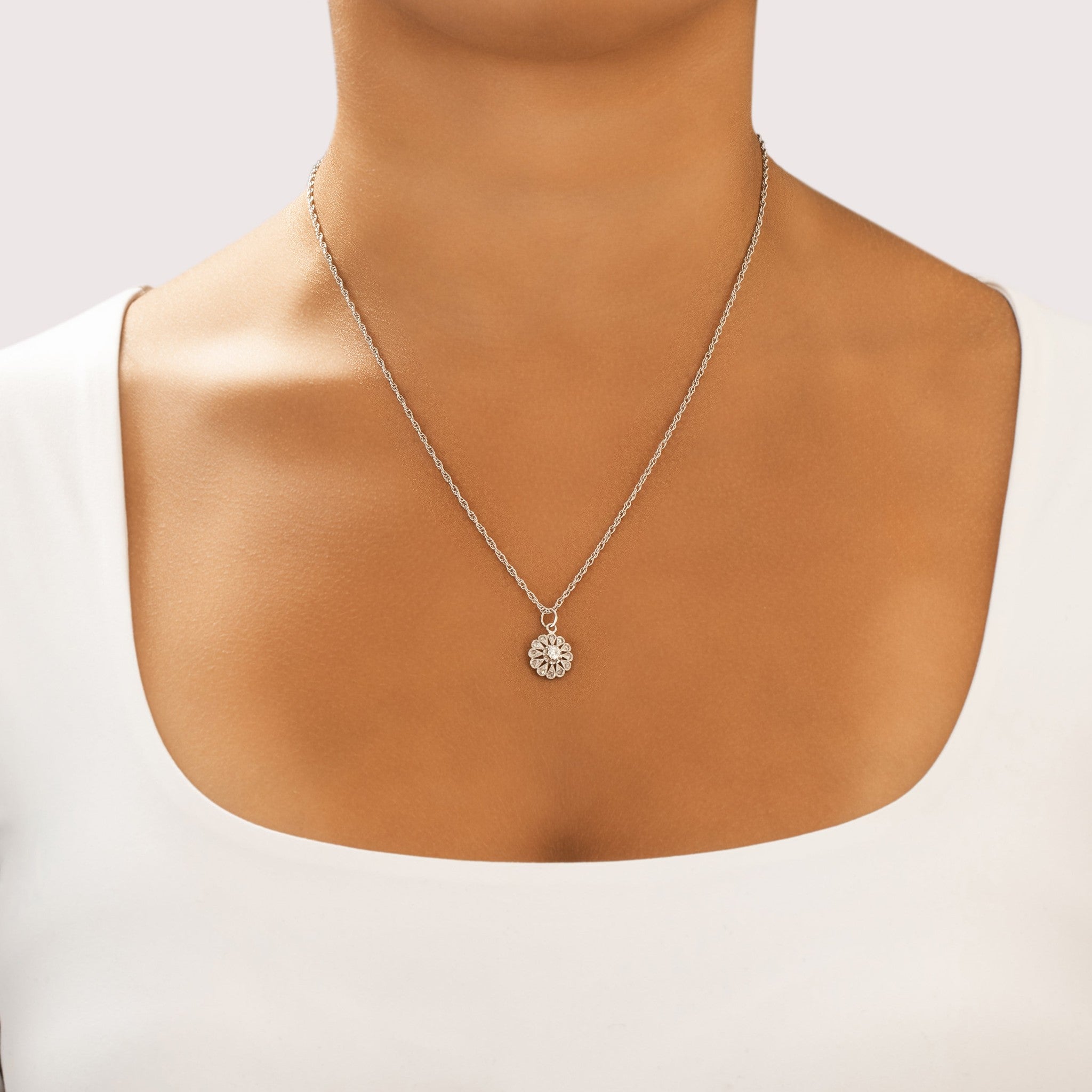 Antique-Style Art Deco White Gold Tone Old European Cut Simulated Diamond Rose Cut Simulated Diamond Pendant
