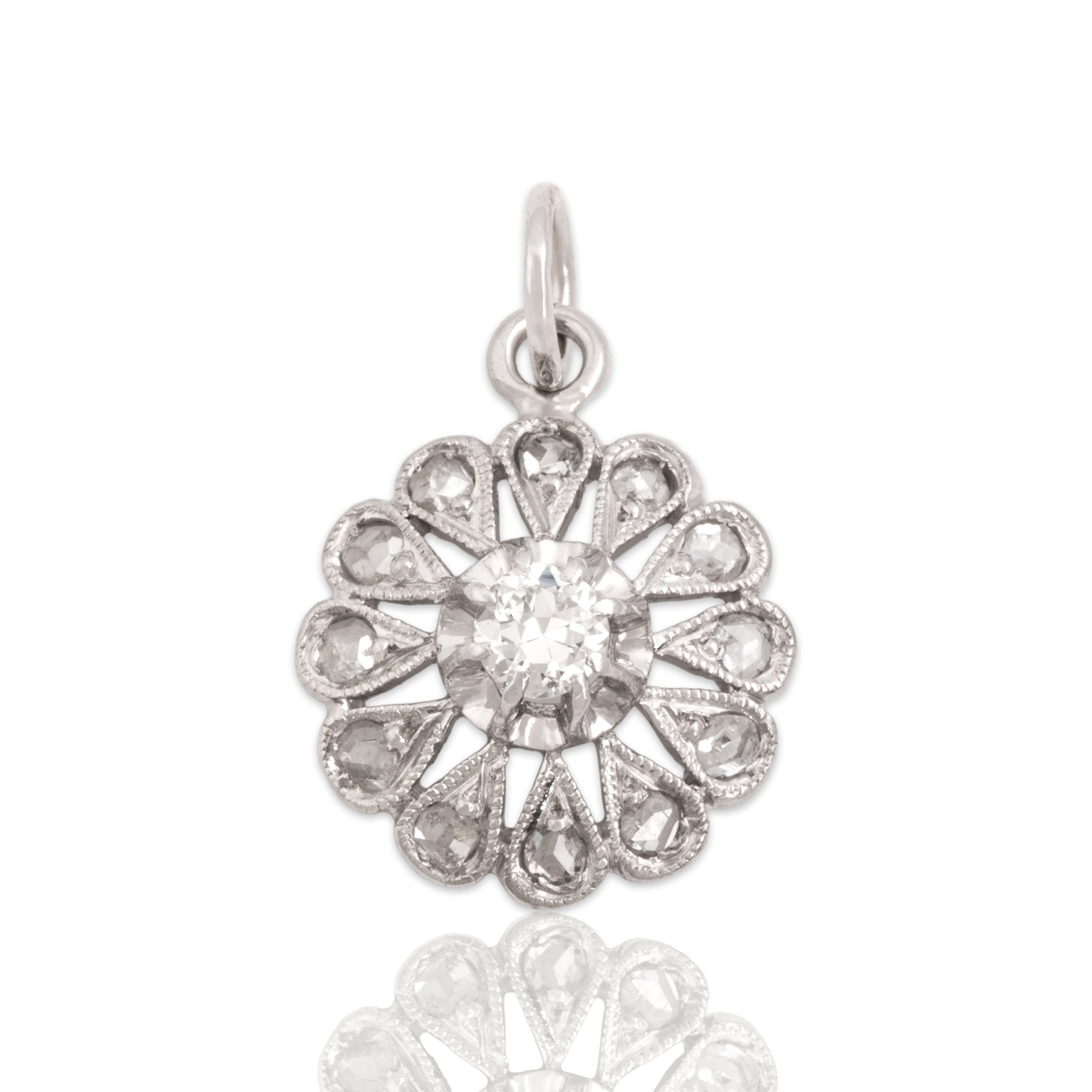 Antique-Style Art Deco White Gold Tone Old European Cut Simulated Diamond Rose Cut Simulated Diamond Pendant