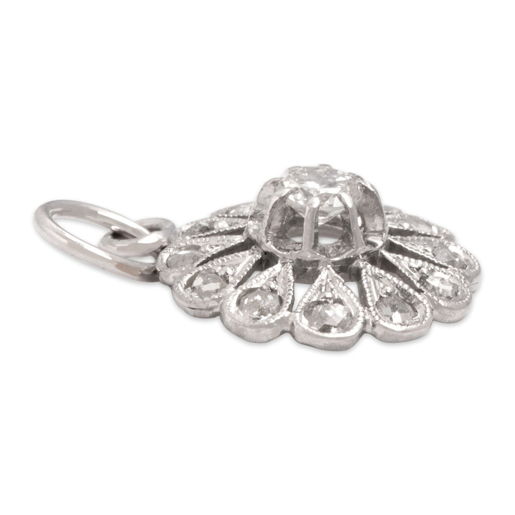 Antique-Style Art Deco White Gold Tone Old European Cut Simulated Diamond Rose Cut Simulated Diamond Pendant