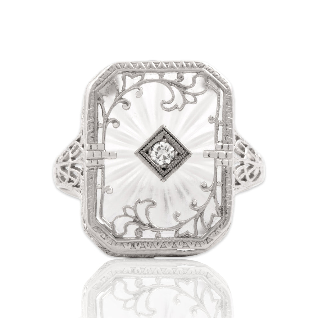 Antique-Style Art Deco White Gold Tone Old European Cut Simulated Diamond Camphor Glass Ring 7.50