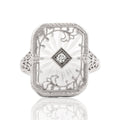 Antique-Style Art Deco White Gold Tone Old European Cut Simulated Diamond Camphor Glass Ring 7.50