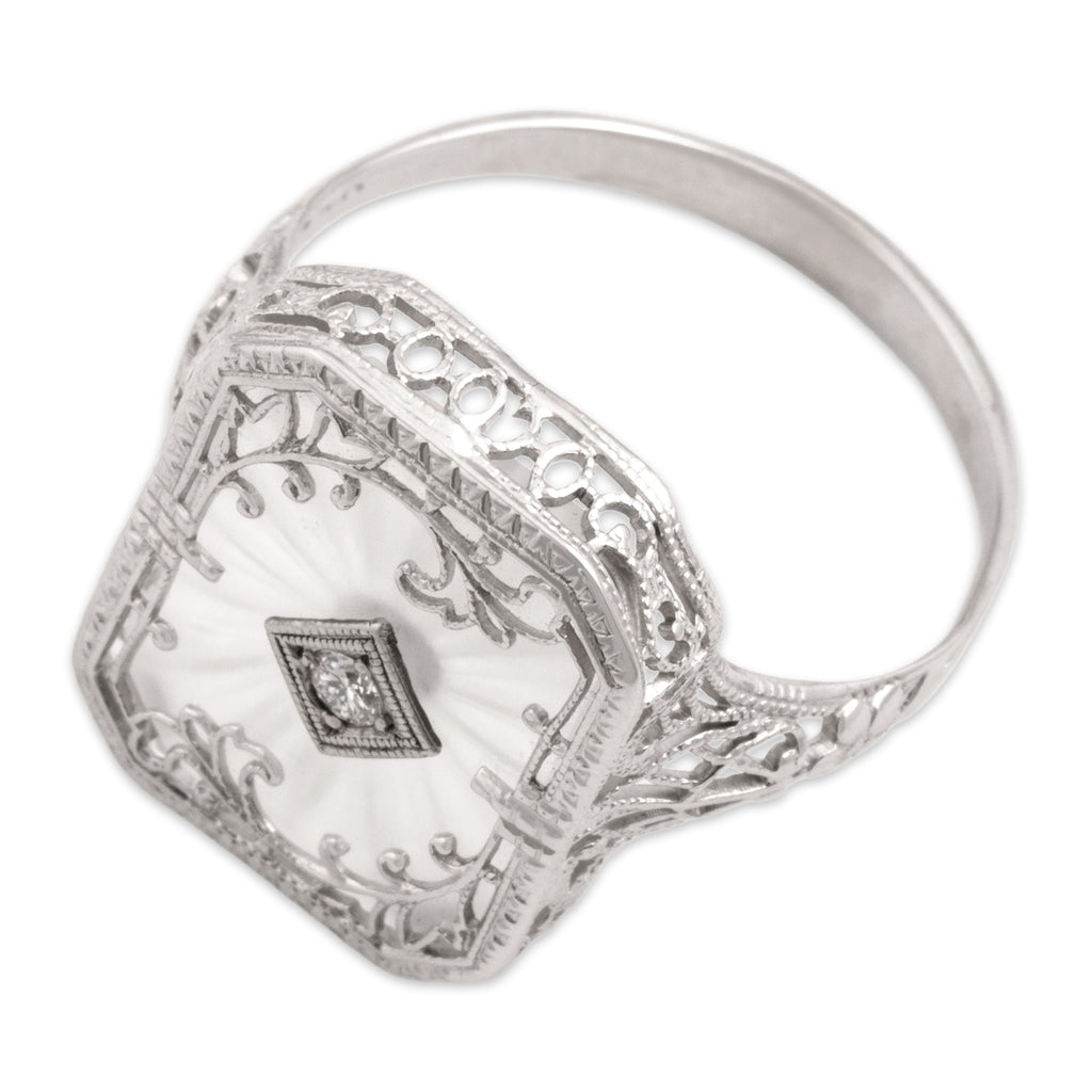Antique-Style Art Deco White Gold Tone Old European Cut Simulated Diamond Camphor Glass Ring 7.50