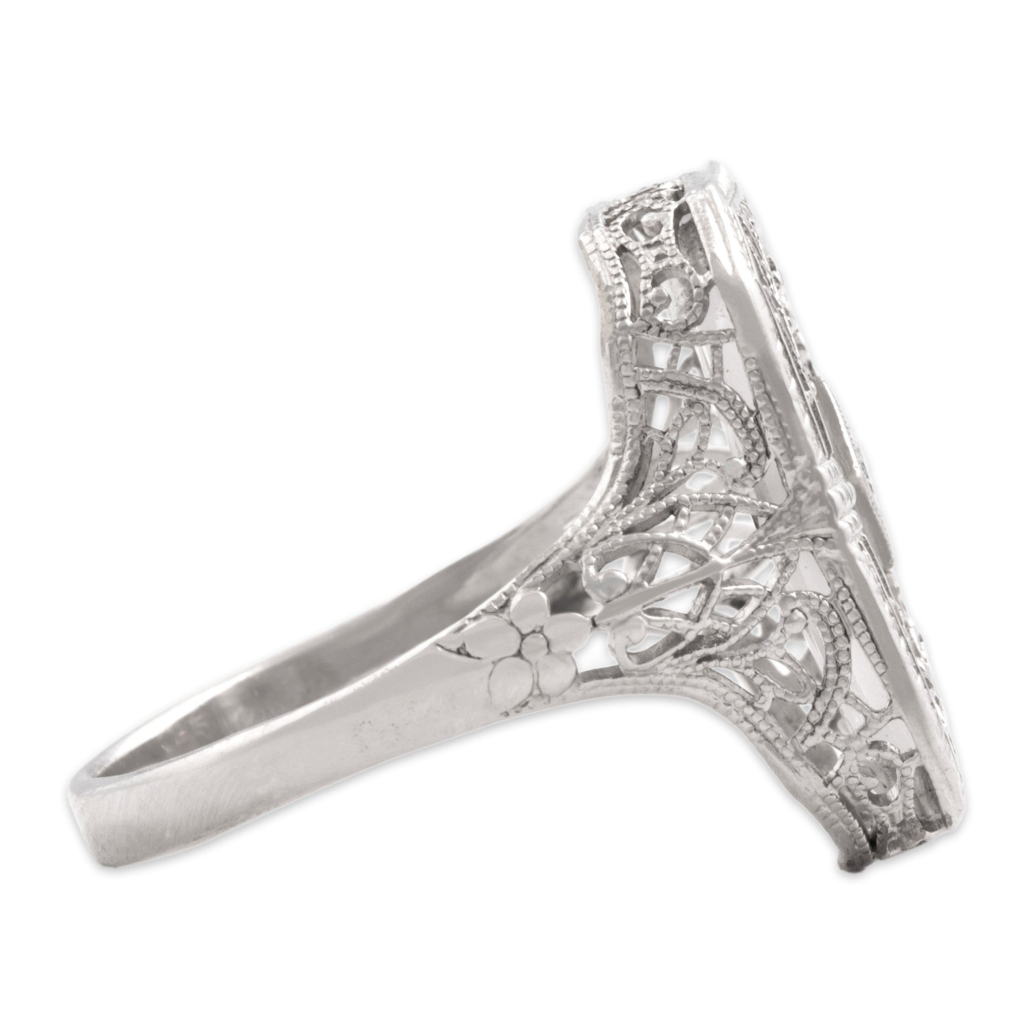 Antique-Style Art Deco White Gold Tone Old European Cut Simulated Diamond Camphor Glass Ring 7.50