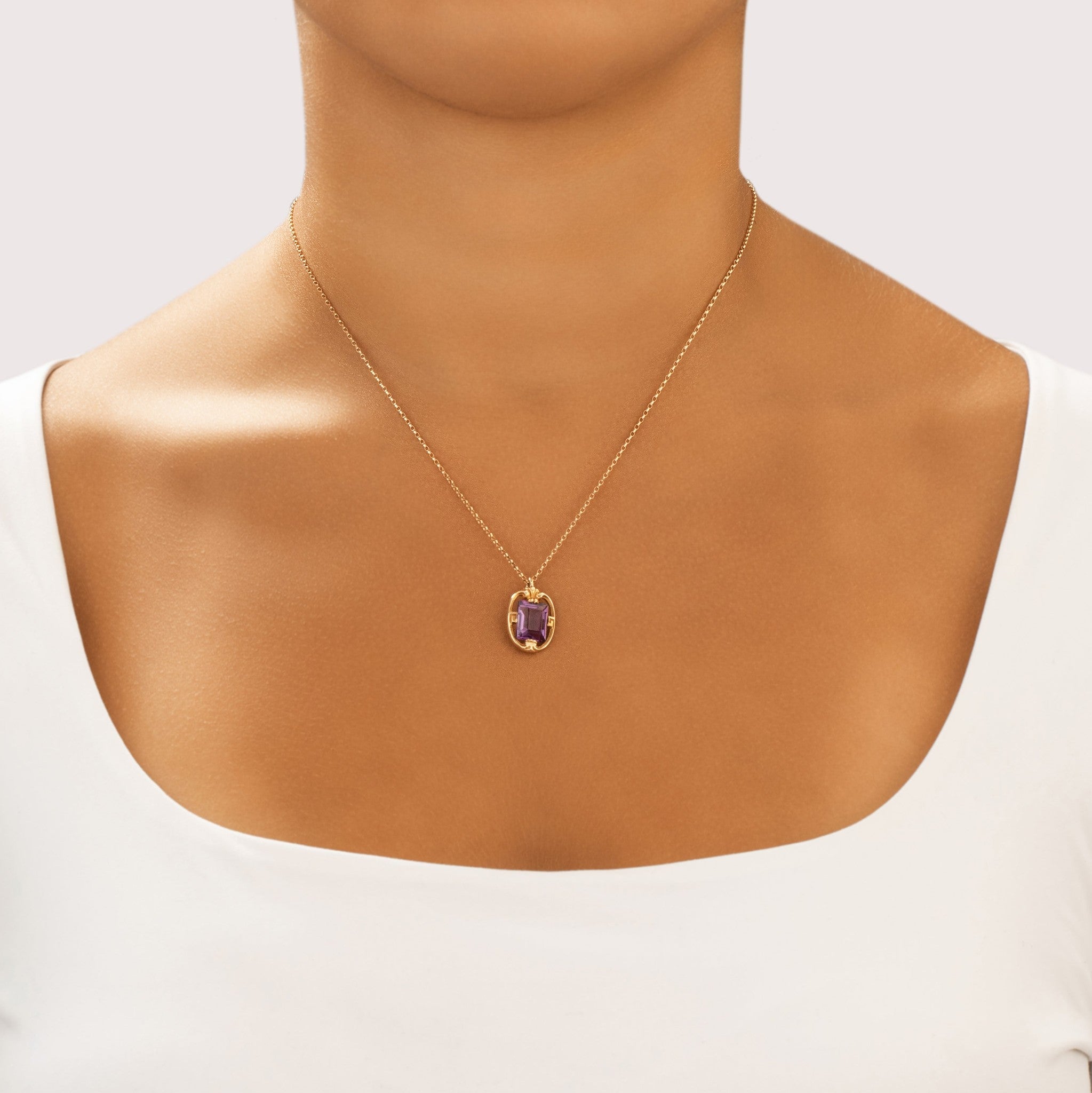 Antique-Style Art Nouveau Gold Tone Simulated Amethyst Elegant Flourishing Pendant