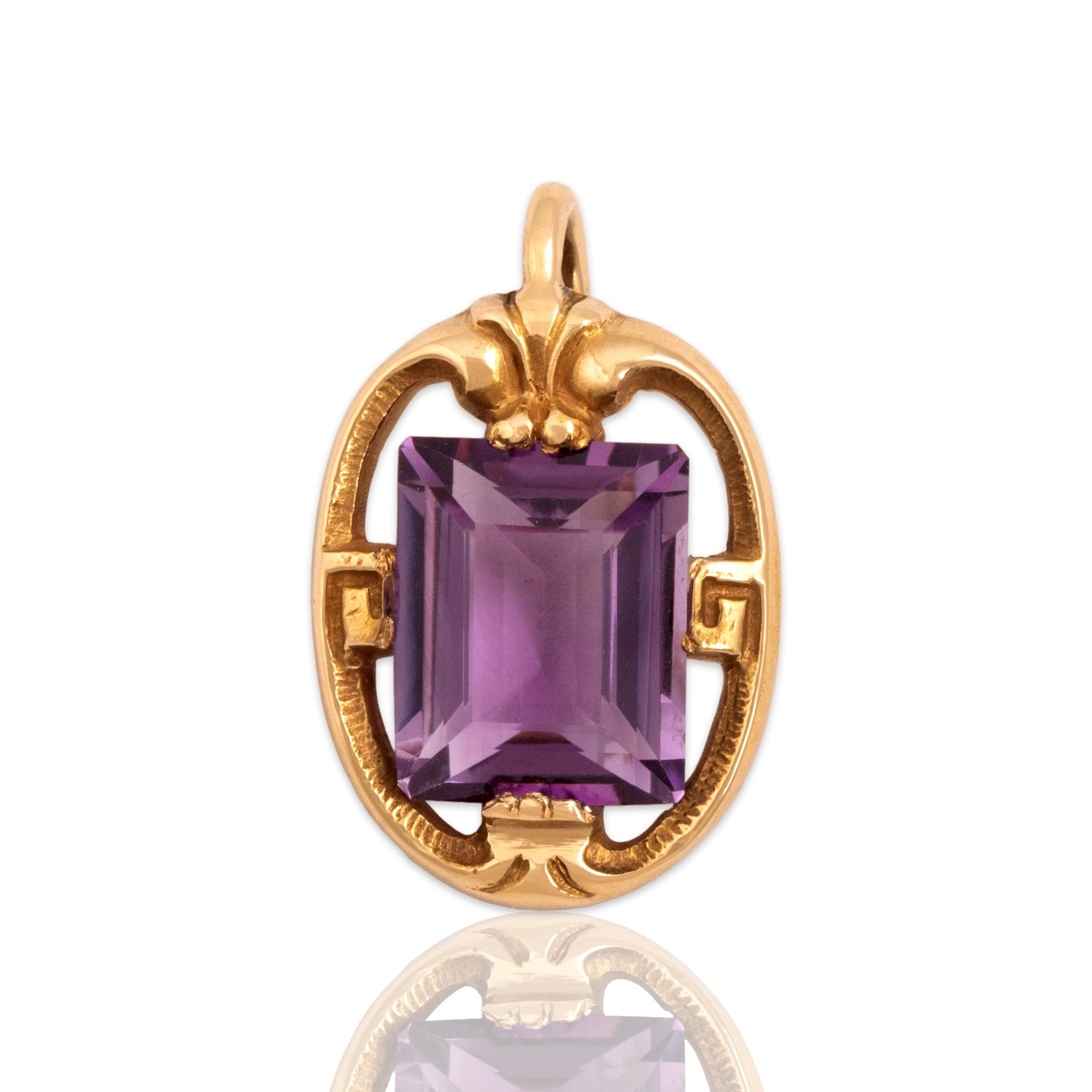Antique-Style Art Nouveau Gold Tone Simulated Amethyst Elegant Flourishing Pendant