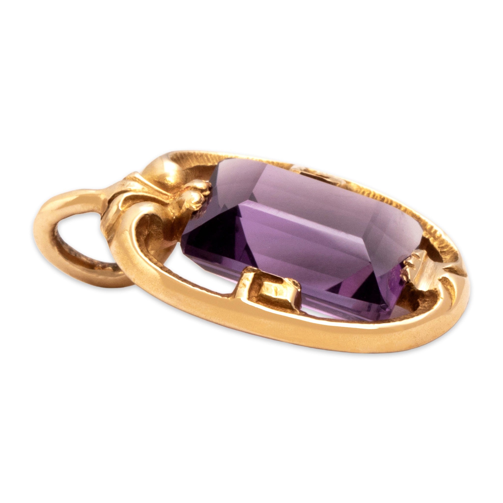 Antique-Style Art Nouveau Gold Tone Simulated Amethyst Elegant Flourishing Pendant