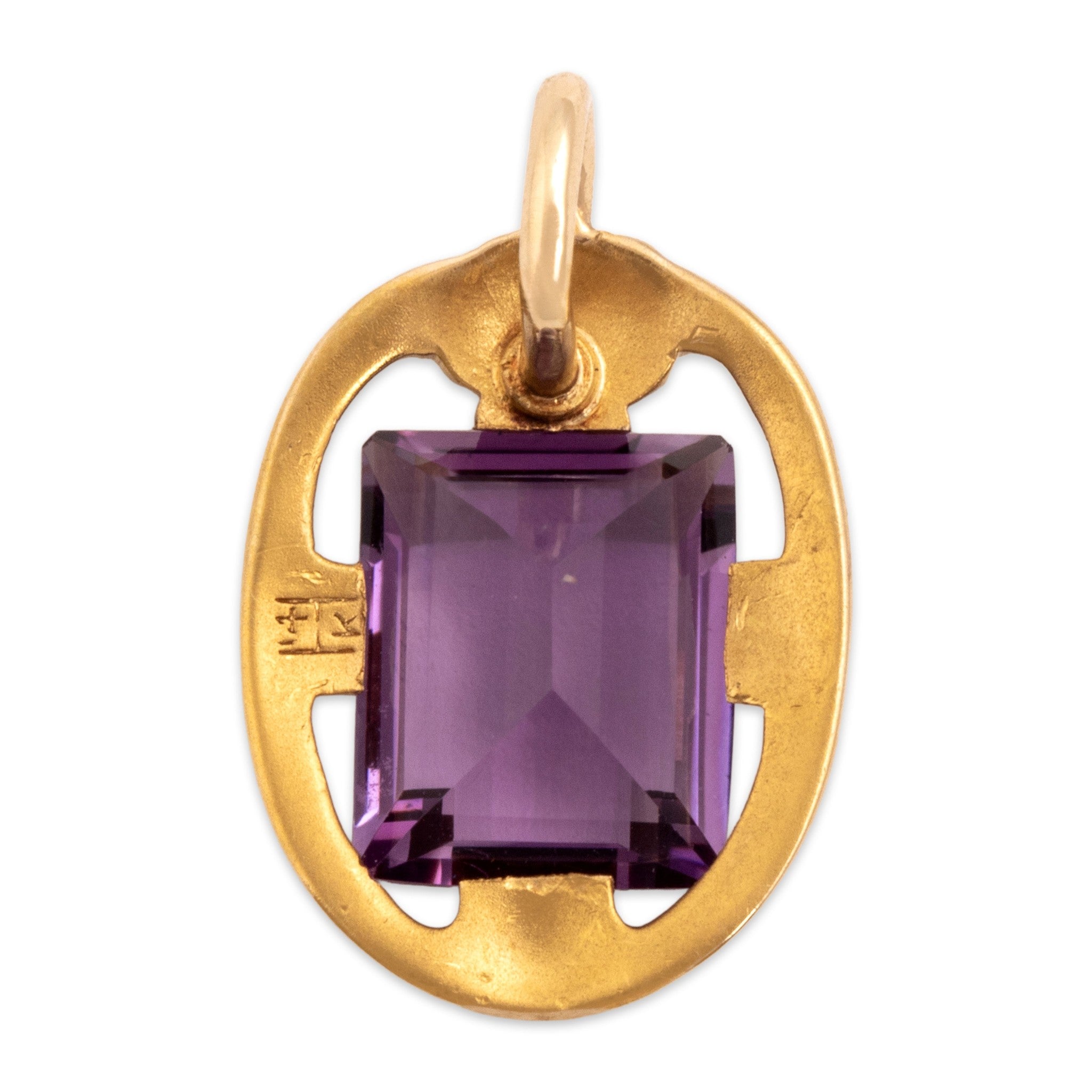 Antique-Style Art Nouveau Gold Tone Simulated Amethyst Elegant Flourishing Pendant