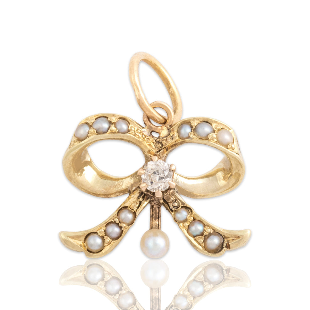 Antique-Style Victorian Gold Tone Old Mine Cut Simulated Diamond Faux Pearl Bow Charm / Pendant