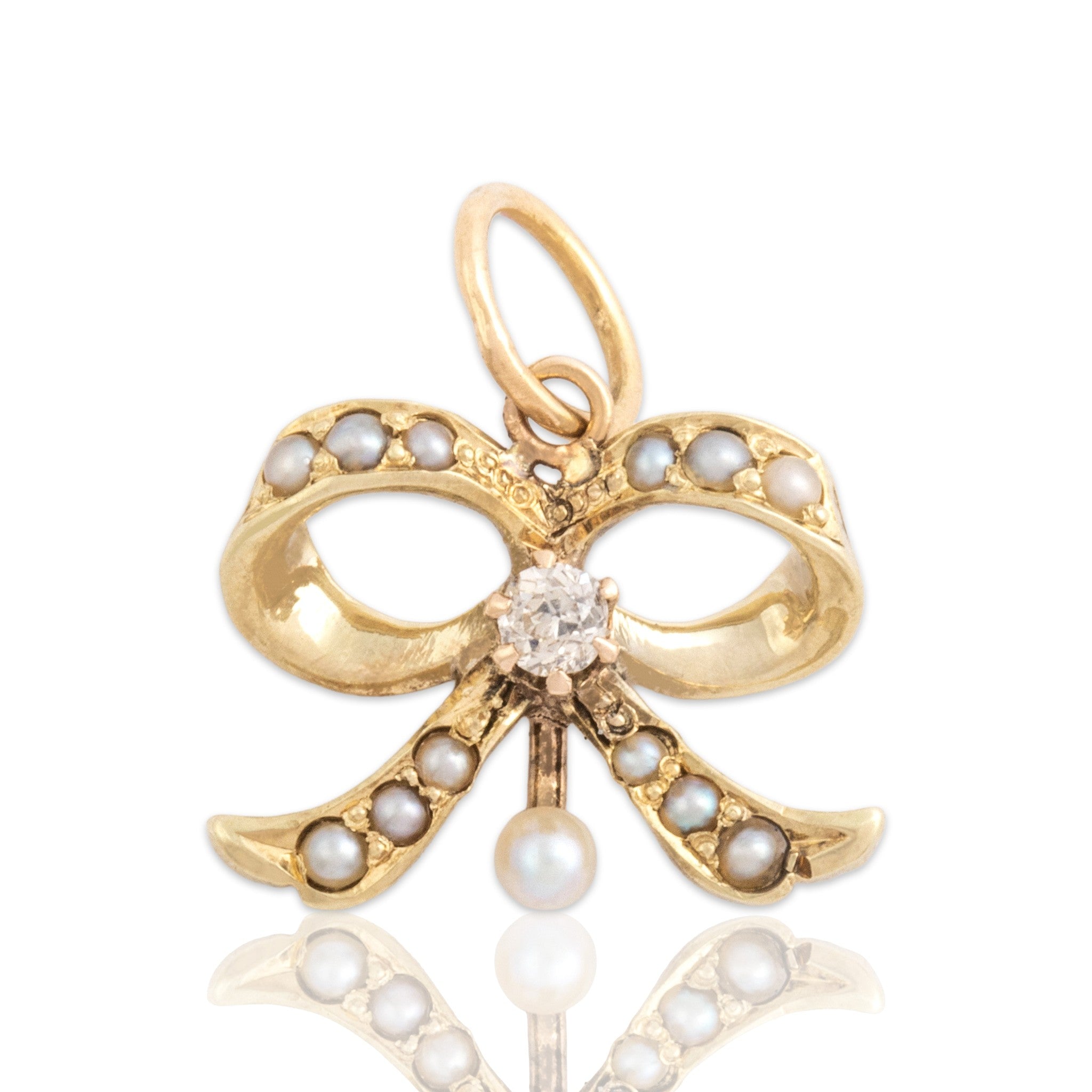 Antique-Style Victorian Gold Tone Old Mine Cut Simulated Diamond Faux Pearl Bow Charm / Pendant