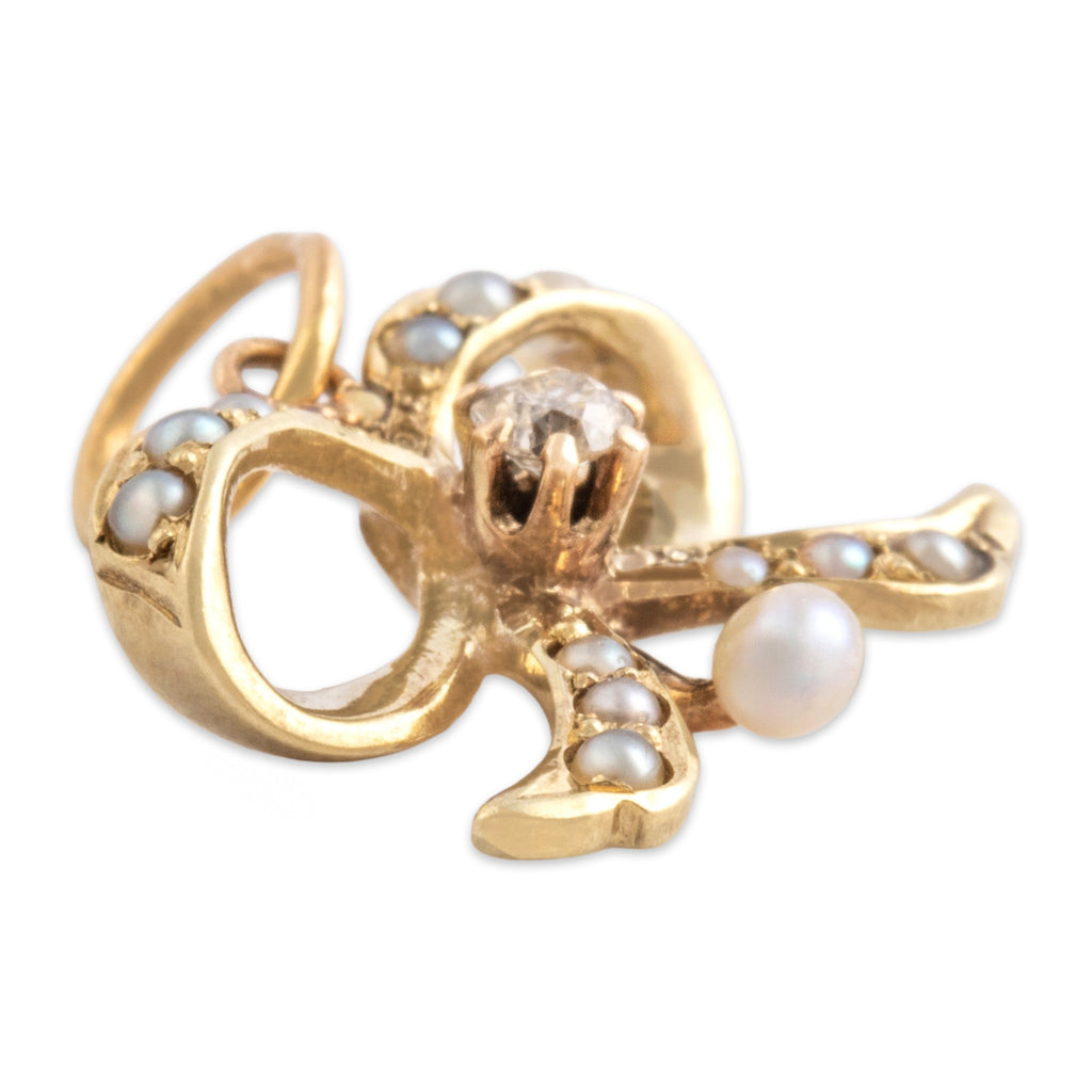 Antique-Style Victorian Gold Tone Old Mine Cut Simulated Diamond Faux Pearl Bow Charm / Pendant