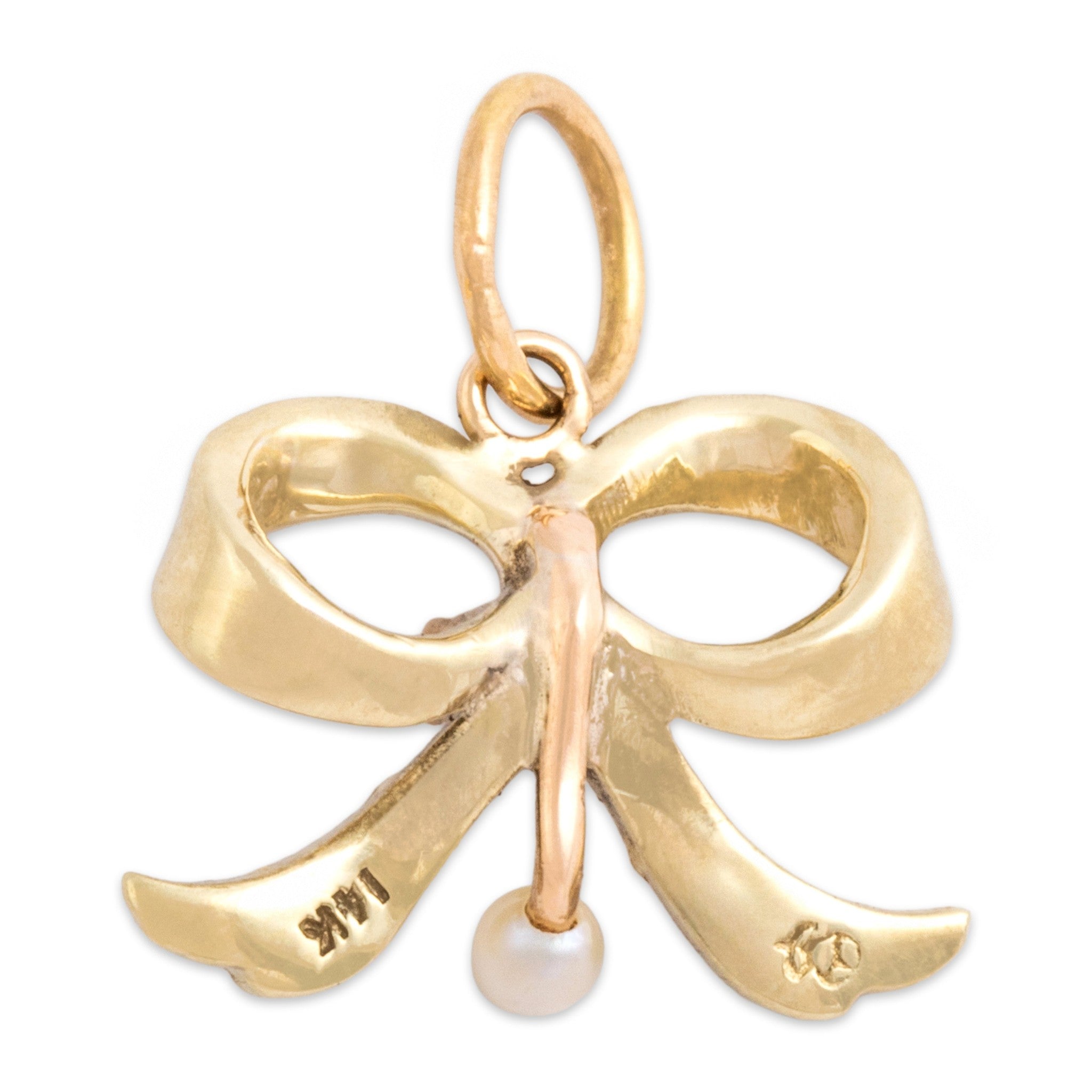 Antique-Style Victorian Gold Tone Old Mine Cut Simulated Diamond Faux Pearl Bow Charm / Pendant