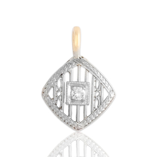 Antique-Style Art Deco Gold & Silver Tone Old European Simulated Diamond Openwork Pendant