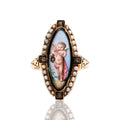 Antique-Style Victorian Gold Tone Simulated Diamond Faux Pearl Enamel Painted Cherub Ring 6.75