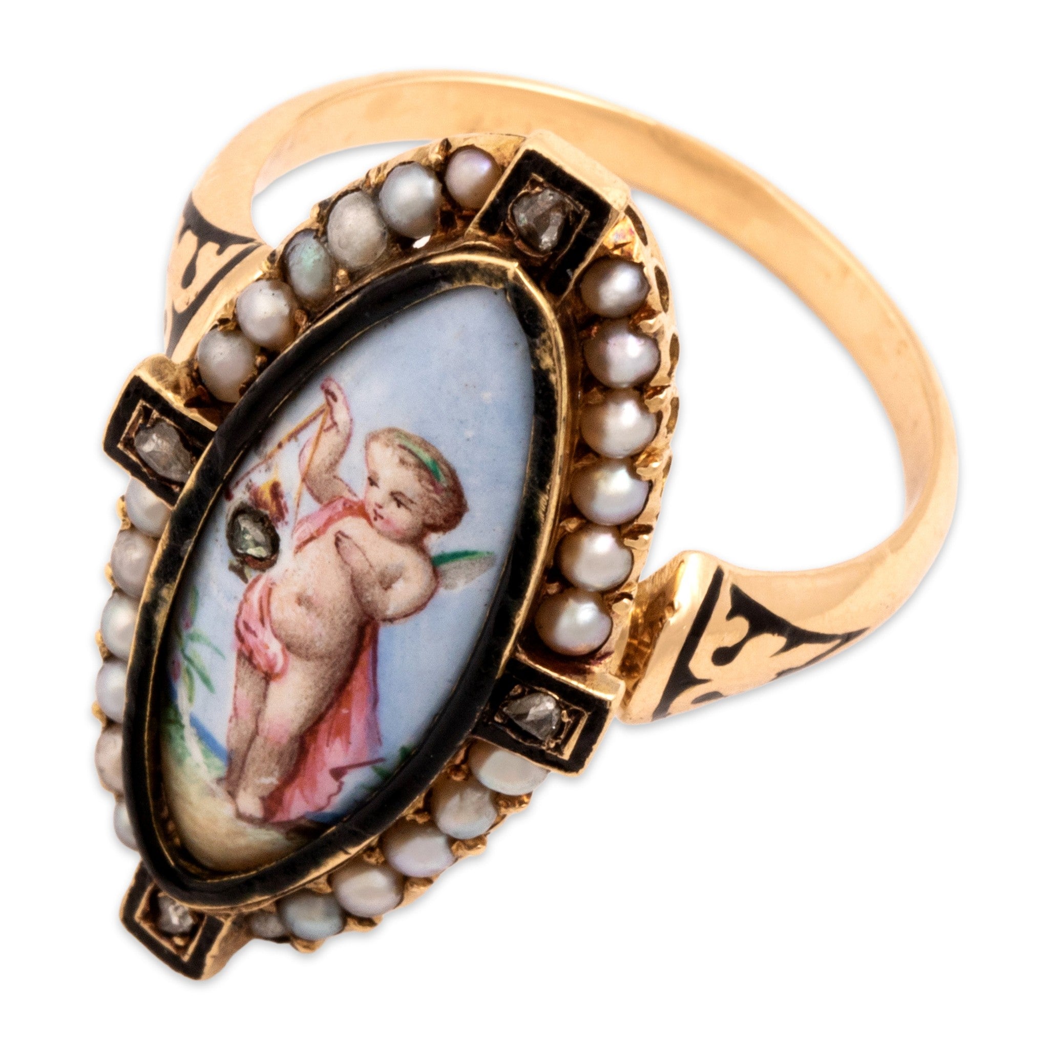 Antique-Style Victorian Gold Tone Simulated Diamond Faux Pearl Enamel Painted Cherub Ring 6.75