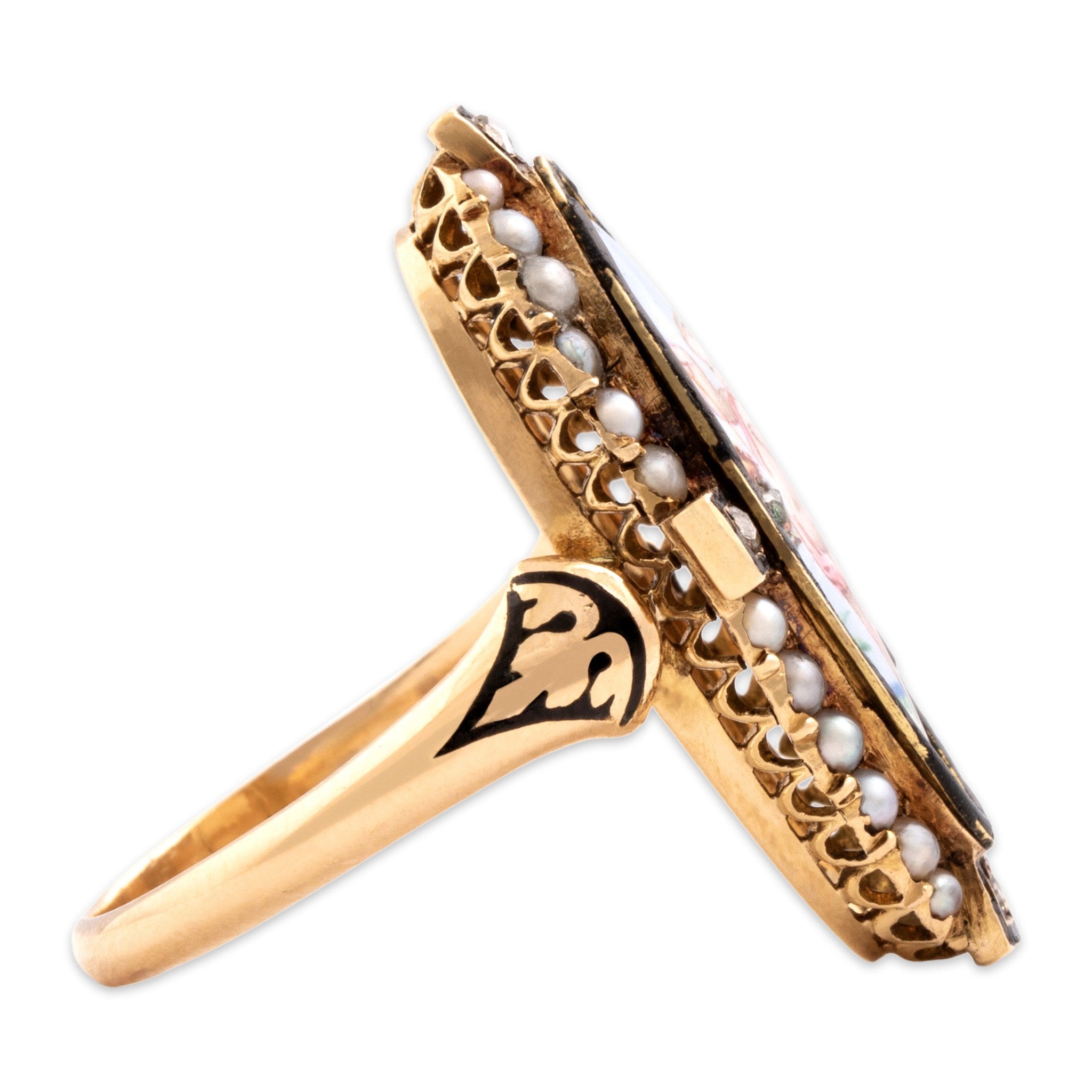 Antique-Style Victorian Gold Tone Simulated Diamond Faux Pearl Enamel Painted Cherub Ring 6.75