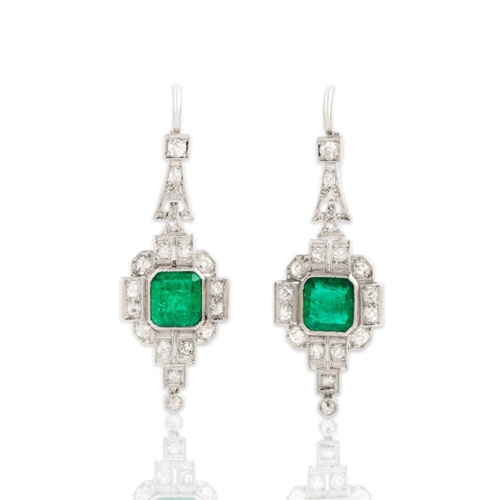 Antique-Style Art Deco Silver Tone Simulated Emerald . Old Mine Simulated Diamond Drop Earrings