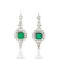 Antique-Style Art Deco Silver Tone Simulated Emerald . Old Mine Simulated Diamond Drop Earrings