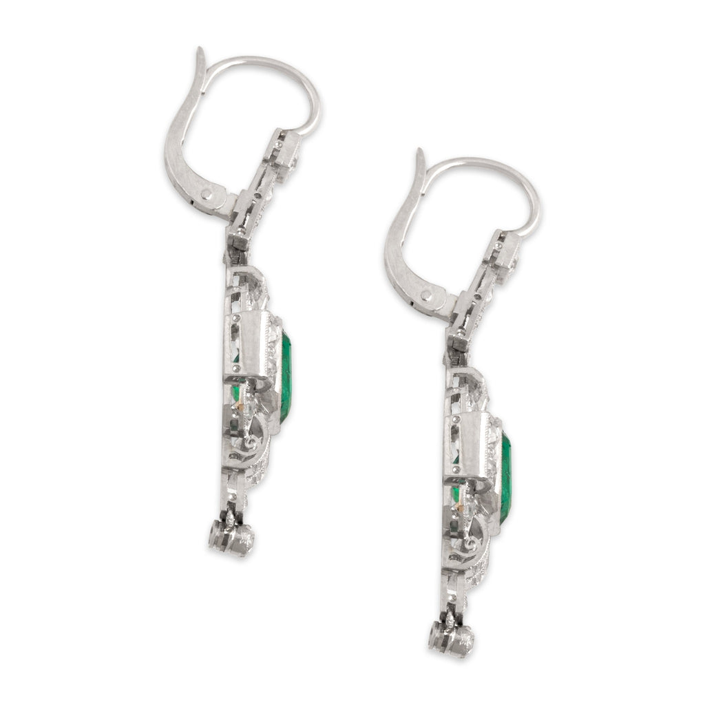 Antique-Style Art Deco Silver Tone Simulated Emerald . Old Mine Simulated Diamond Drop Earrings