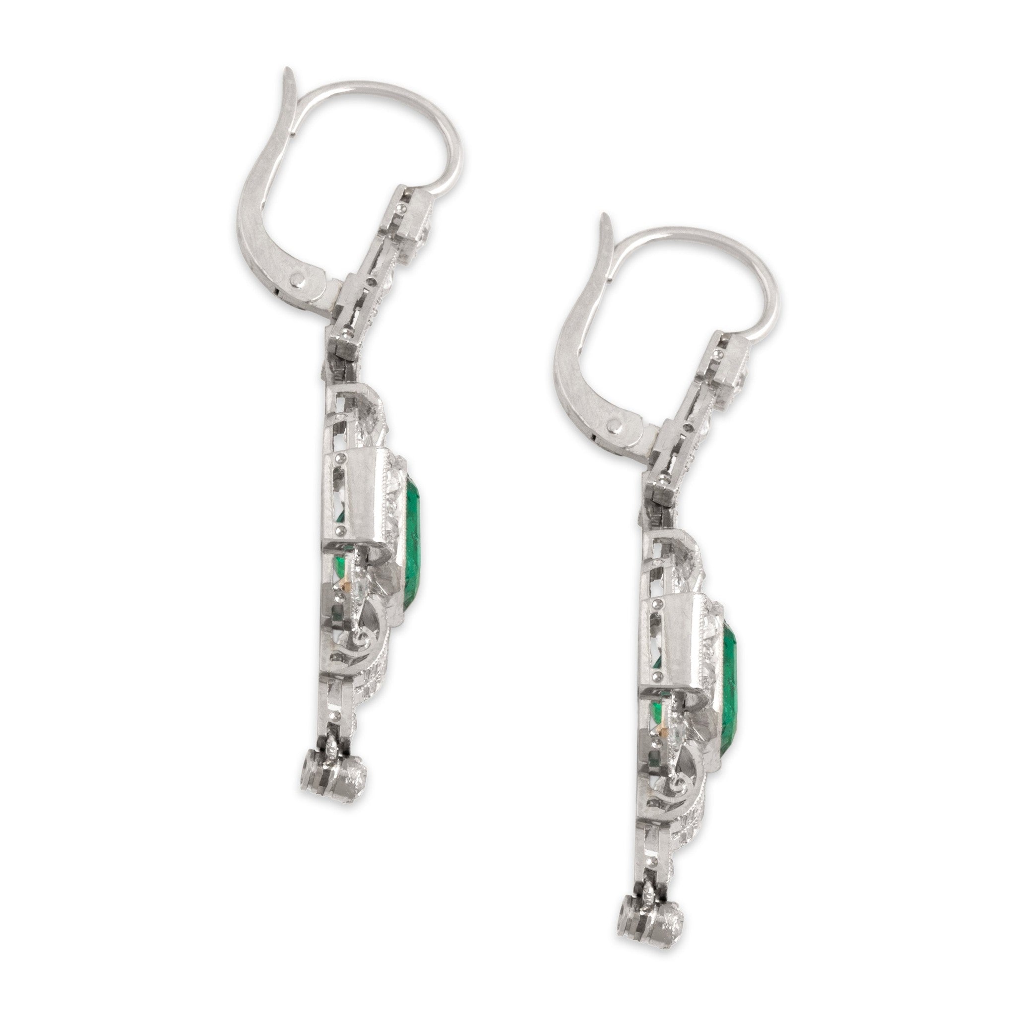 Antique-Style Art Deco Silver Tone Simulated Emerald . Old Mine Simulated Diamond Drop Earrings