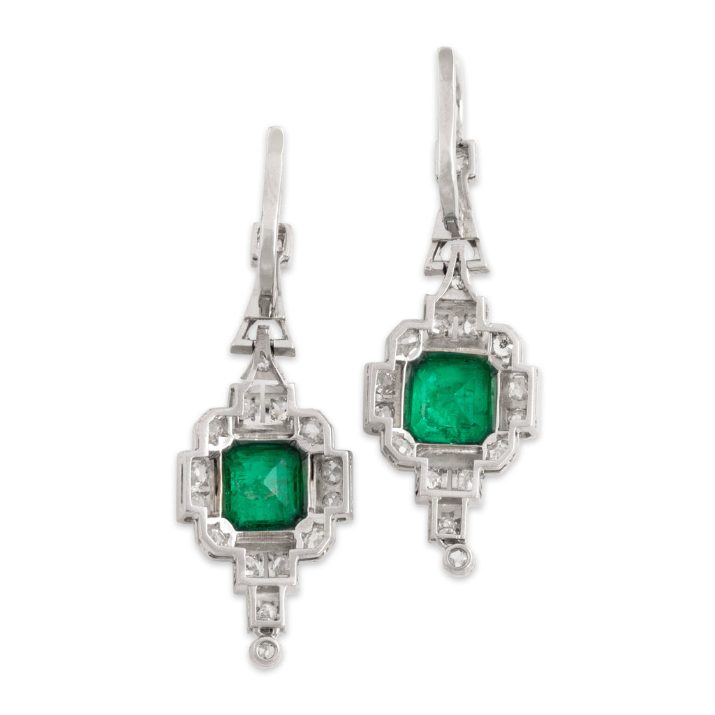 Antique-Style Art Deco Silver Tone Simulated Emerald . Old Mine Simulated Diamond Drop Earrings