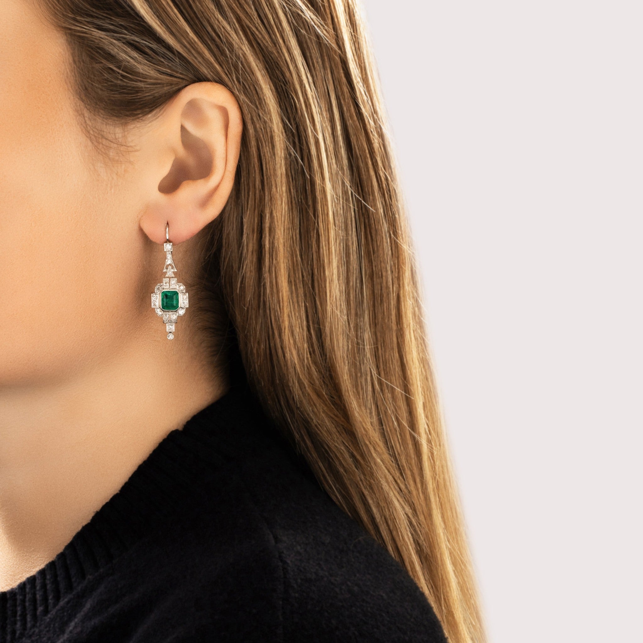 Antique-Style Art Deco Silver Tone Simulated Emerald . Old Mine Simulated Diamond Drop Earrings