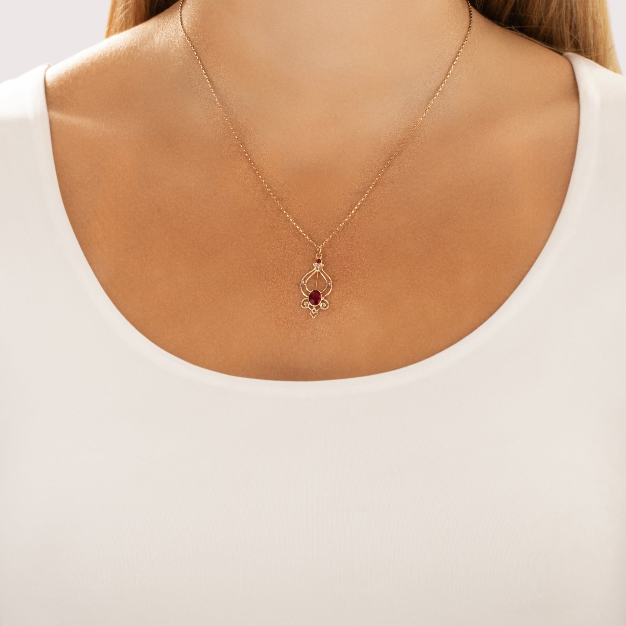 Antique-Style Gold Tone Pink Glass Faux Pearl Open Cabochon Flourish Pendant