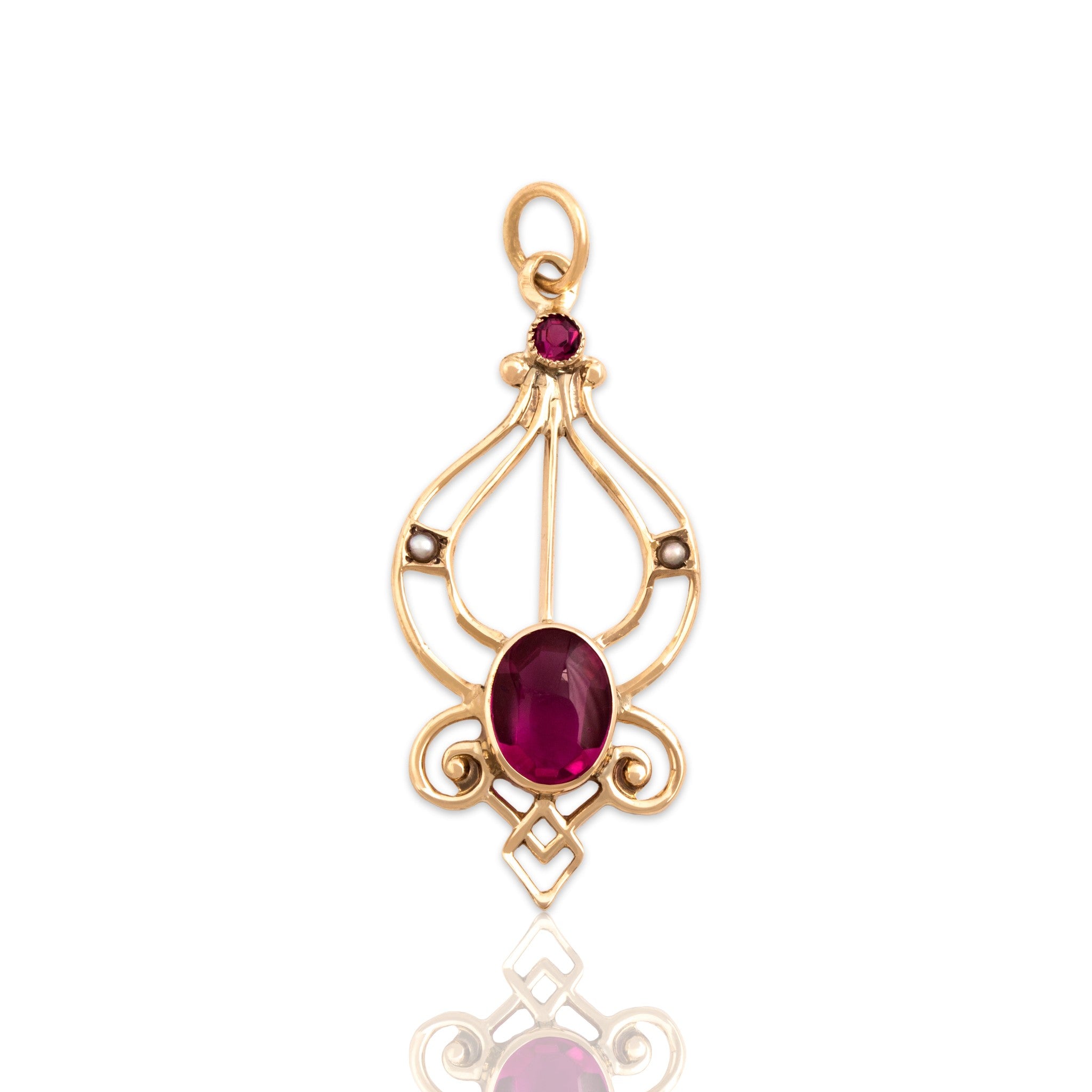 Antique-Style Gold Tone Pink Glass Faux Pearl Open Cabochon Flourish Pendant