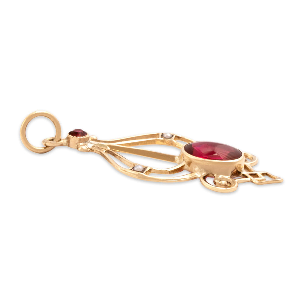 Antique-Style Gold Tone Pink Glass Faux Pearl Open Cabochon Flourish Pendant