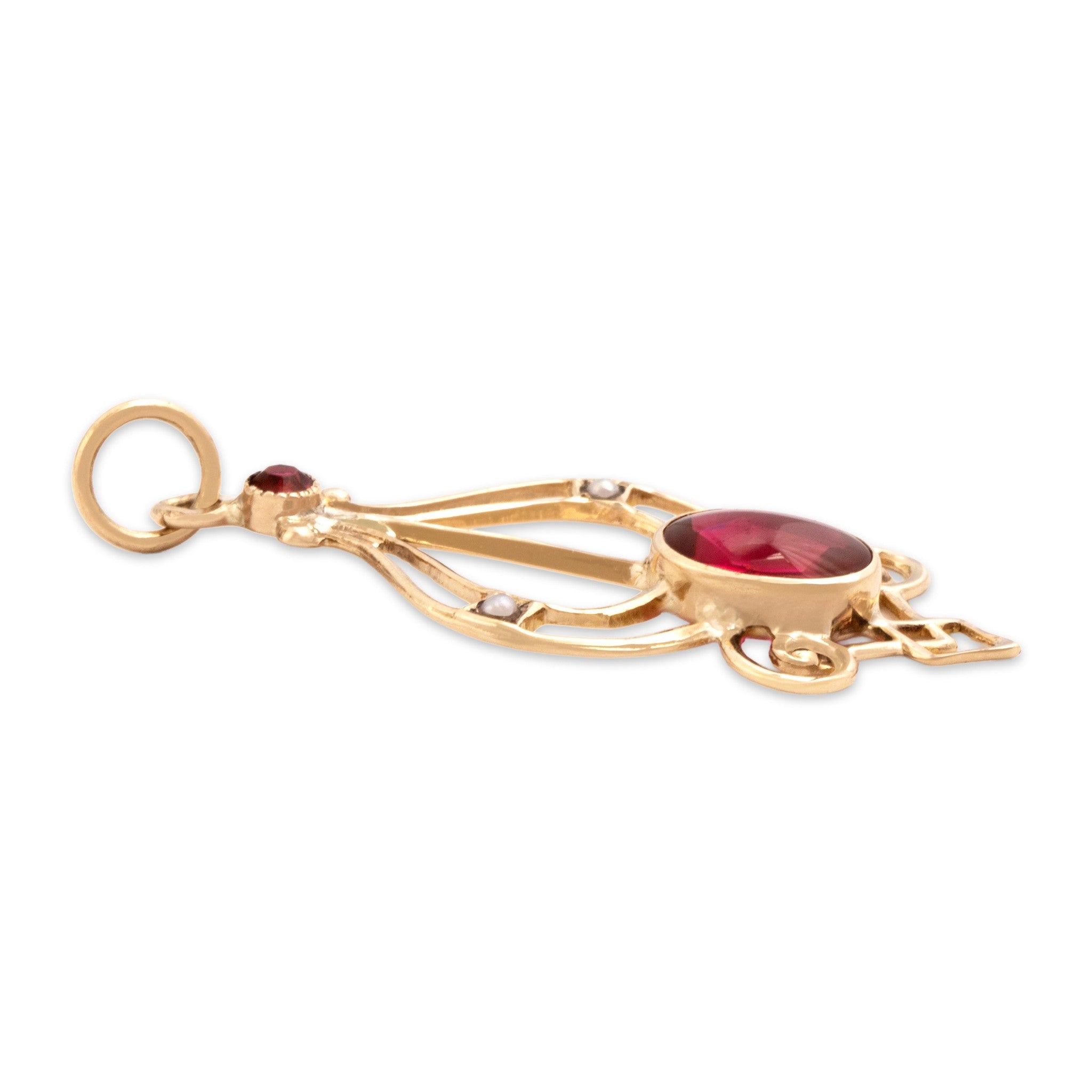 Antique-Style Gold Tone Pink Glass Faux Pearl Open Cabochon Flourish Pendant
