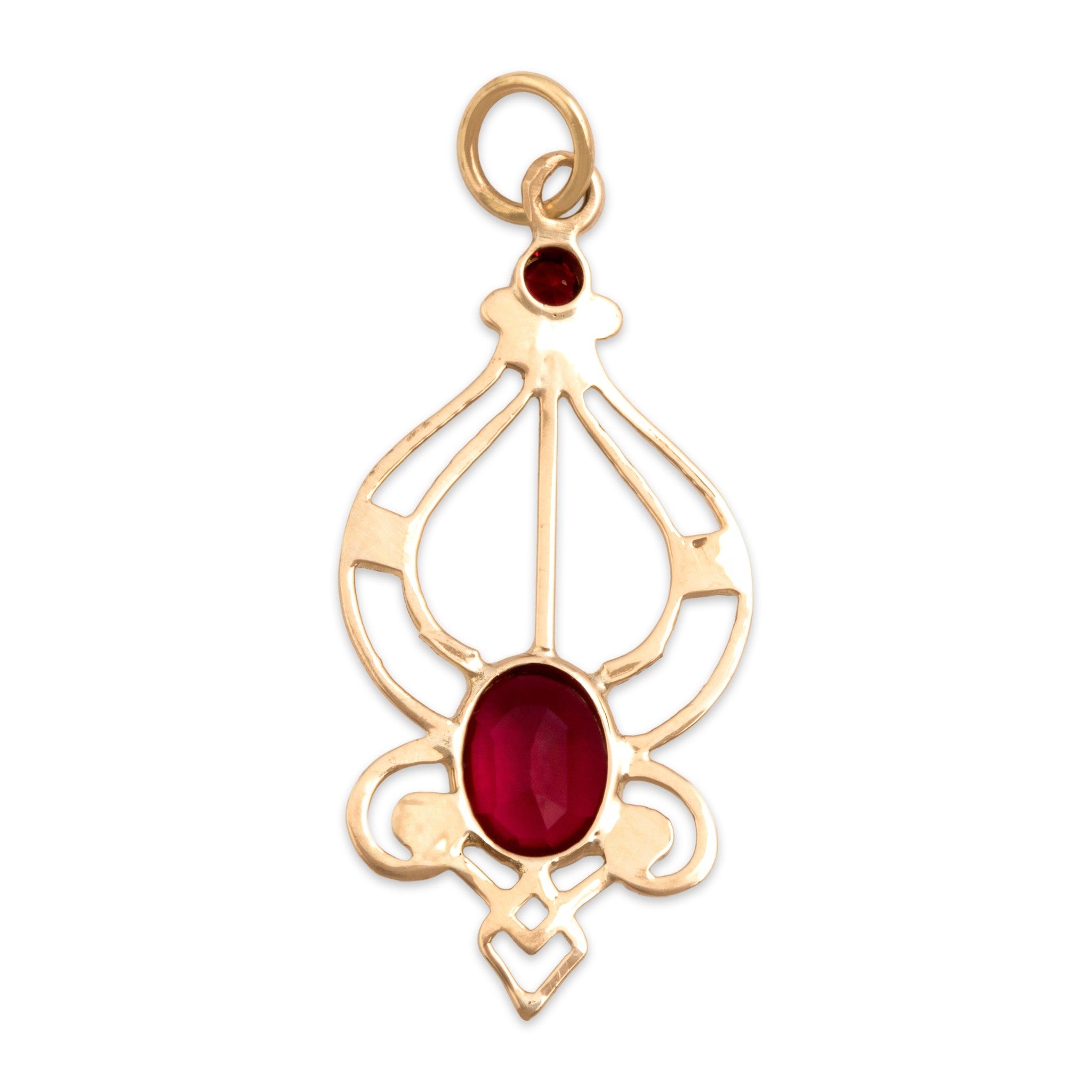 Antique-Style Gold Tone Pink Glass Faux Pearl Open Cabochon Flourish Pendant
