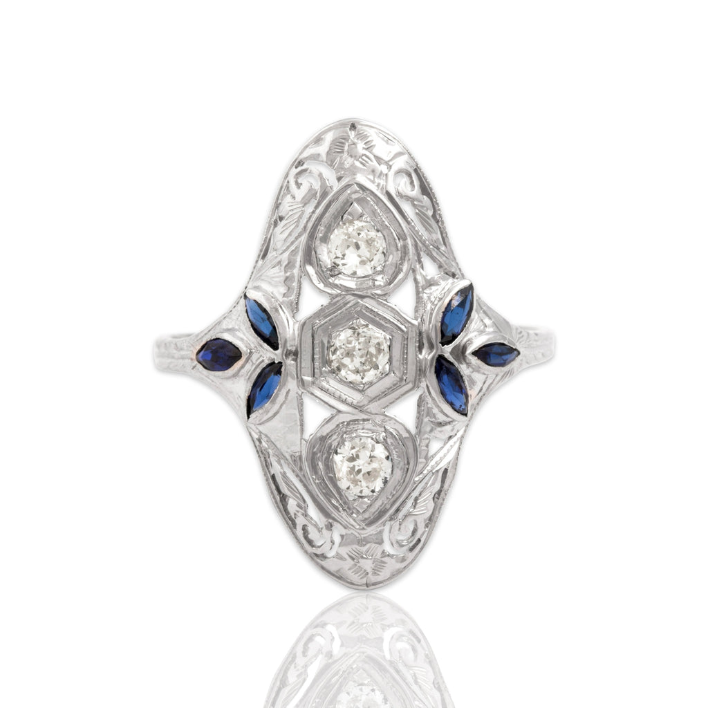 Antique-Style White Gold Tone Natural Old European Simulated Diamond Blue Synthetic Sapphire Ring 8.50
