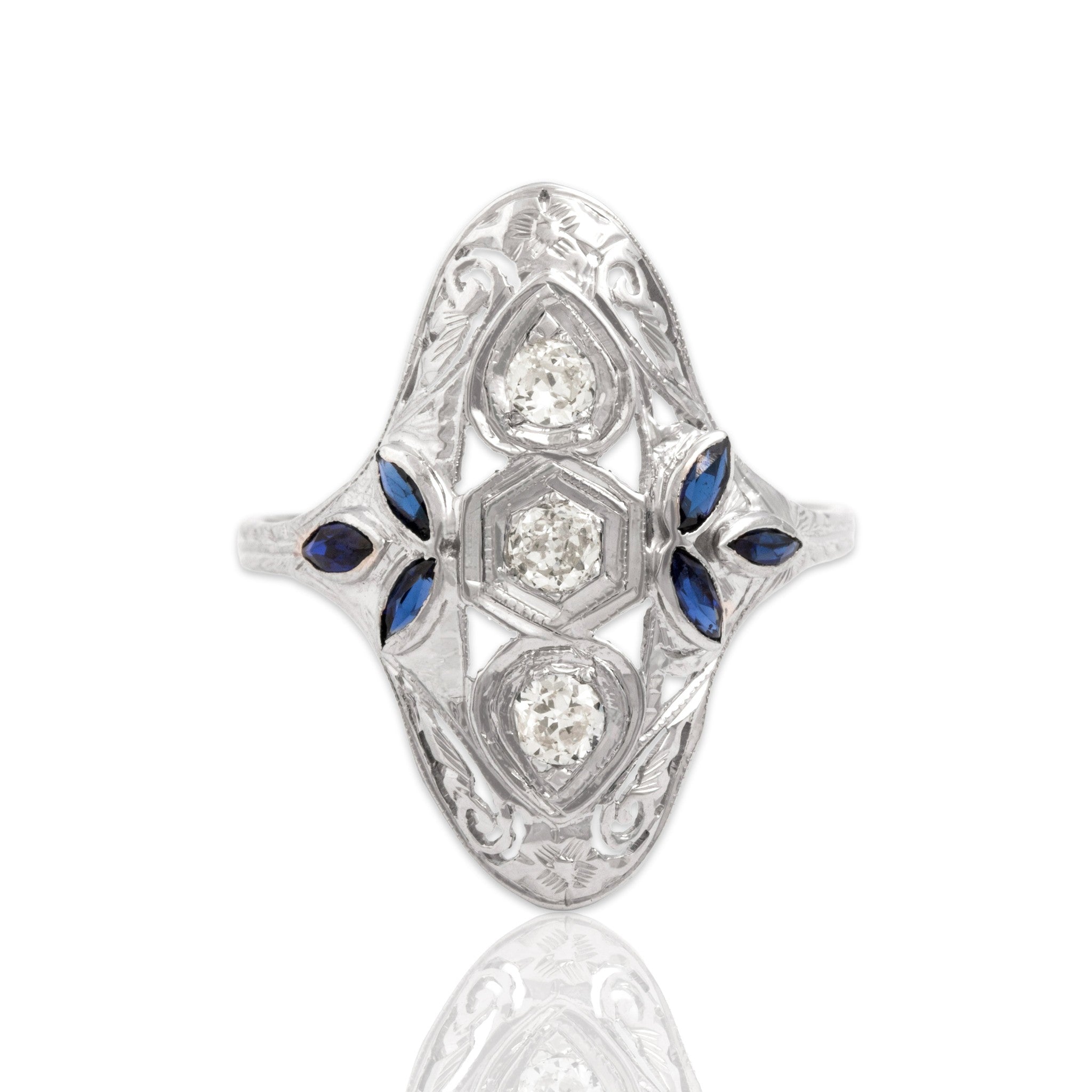 Antique-Style White Gold Tone Natural Old European Simulated Diamond Blue Synthetic Sapphire Ring 8.50