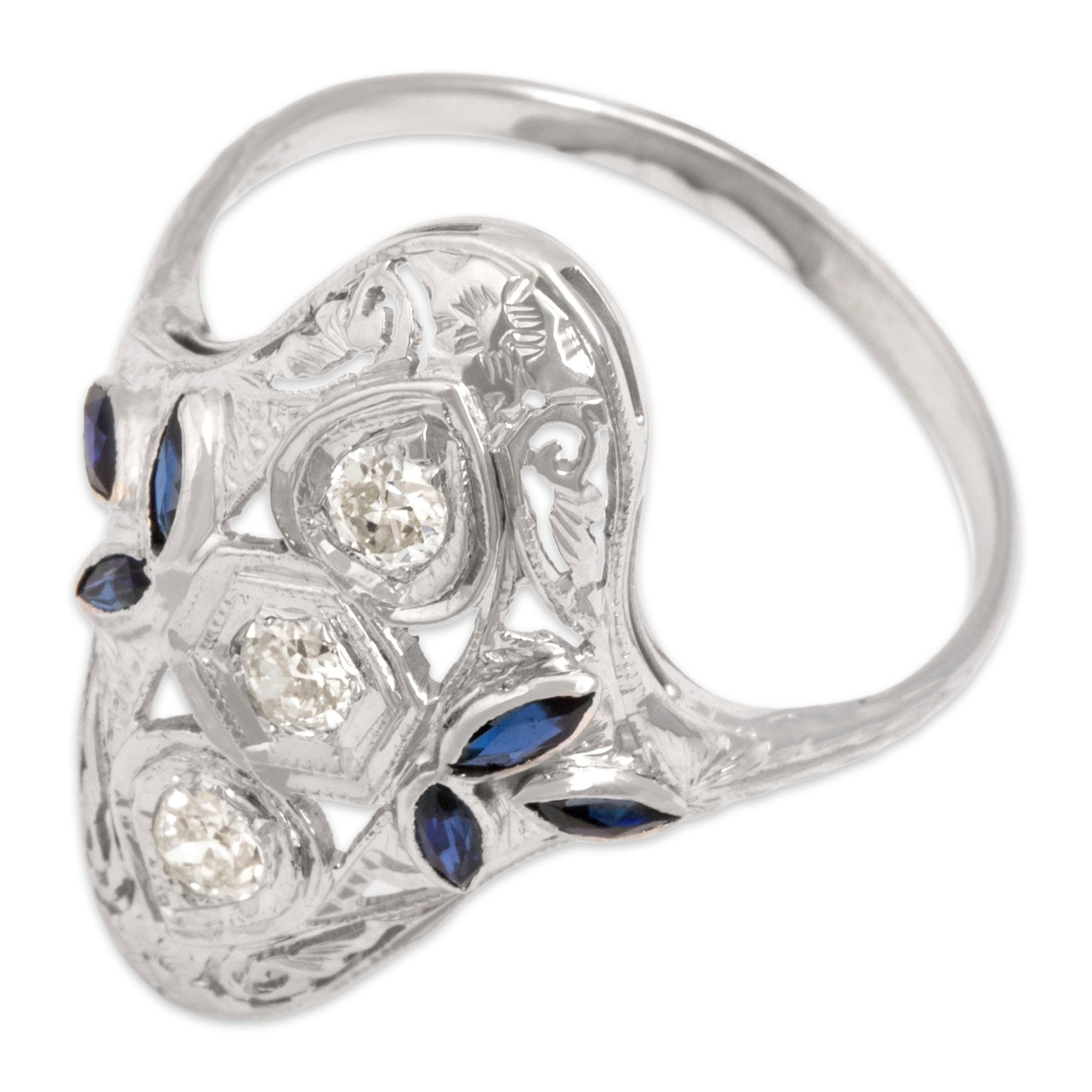 Antique-Style White Gold Tone Natural Old European Simulated Diamond Blue Synthetic Sapphire Ring 8.50