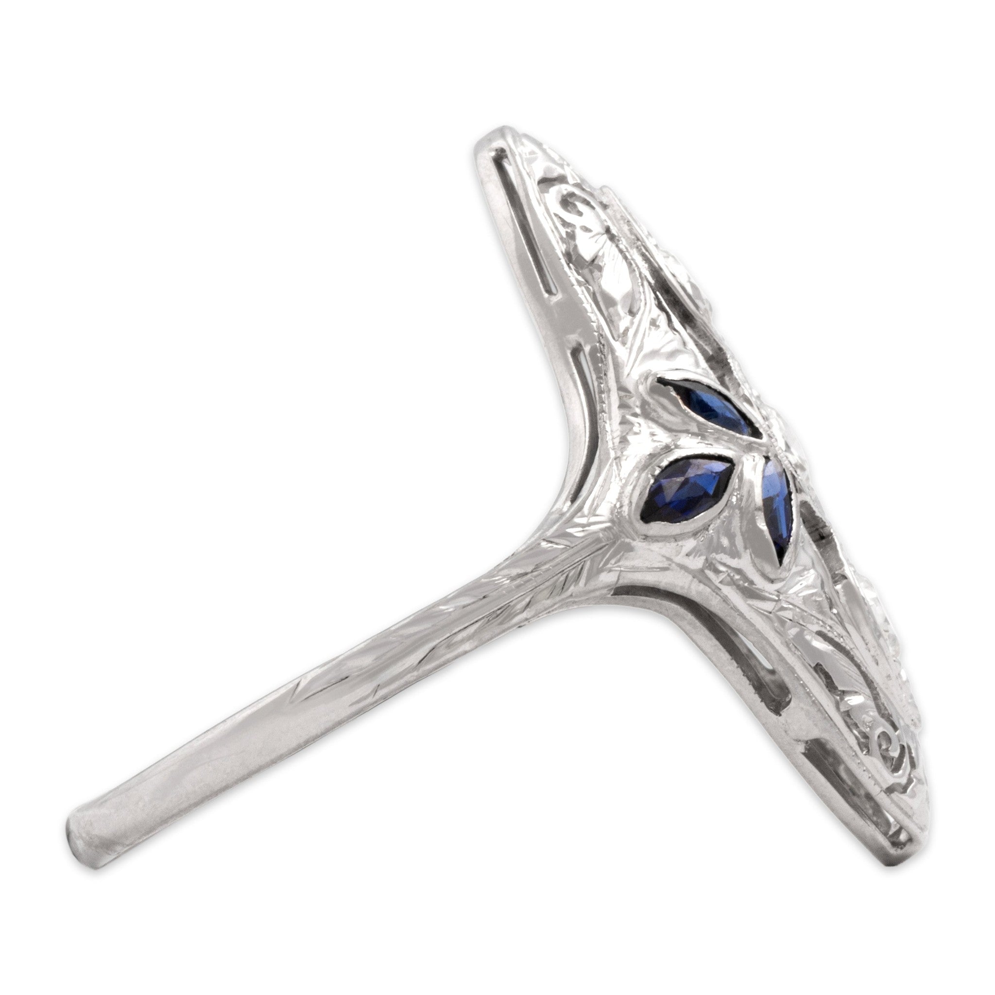 Antique-Style White Gold Tone Natural Old European Simulated Diamond Blue Synthetic Sapphire Ring 8.50