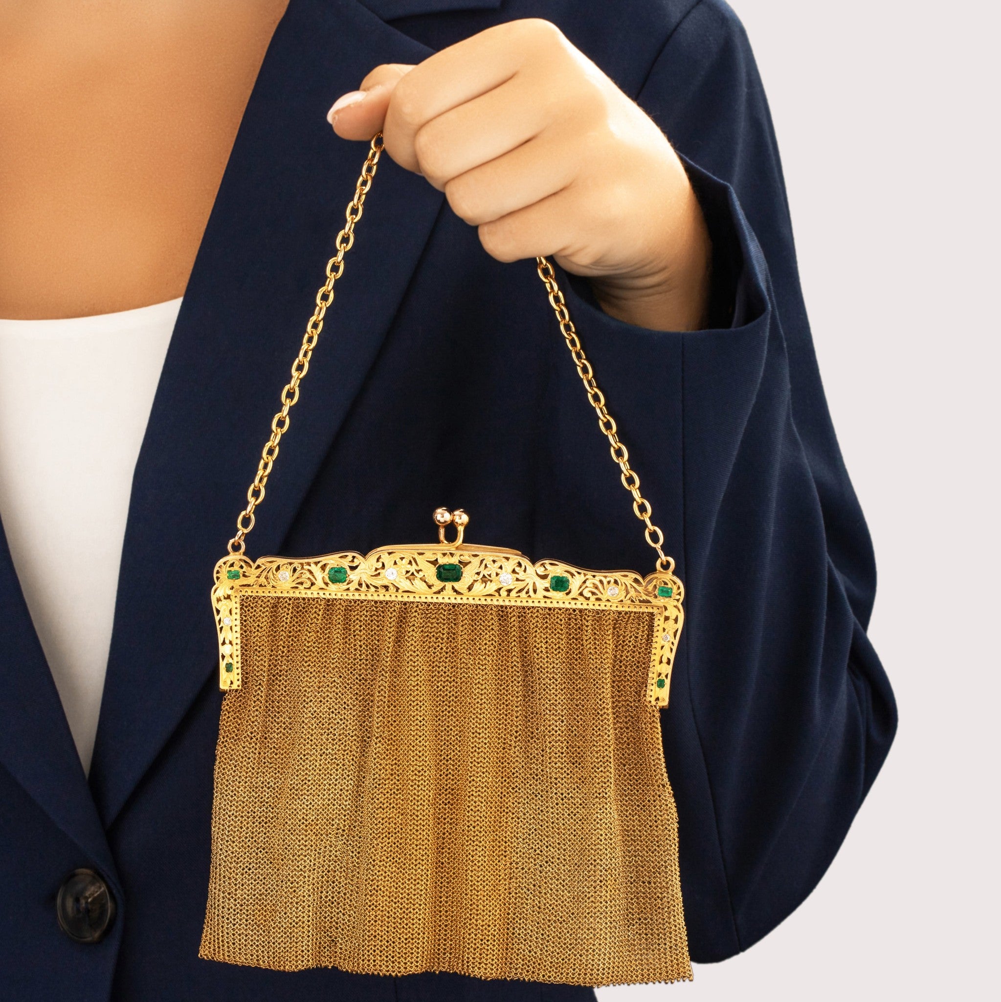 Antique-Style Rare Gold Tone Simulated Emerald . Old Mine Simulated Diamond Full-Size Purse