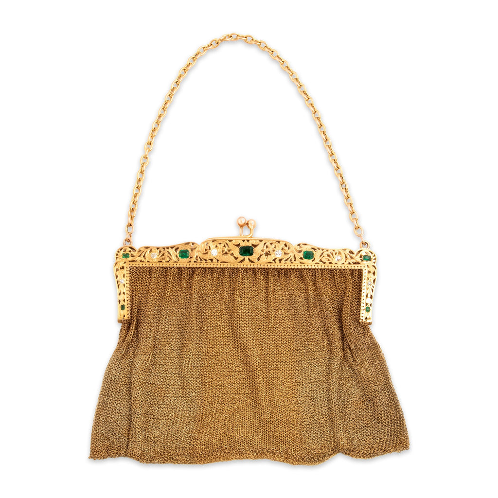 Antique-Style Rare Gold Tone Simulated Emerald . Old Mine Simulated Diamond Full-Size Purse