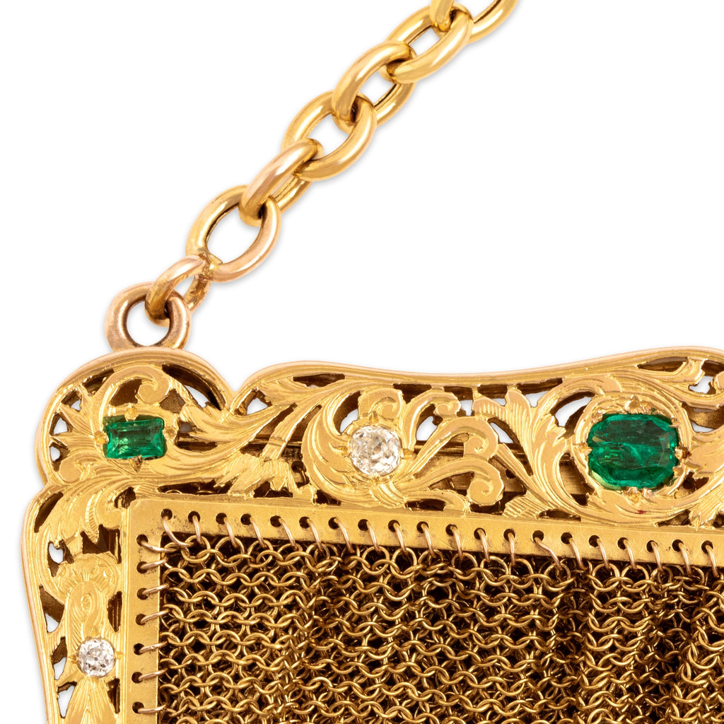 Antique-Style Rare Gold Tone Simulated Emerald . Old Mine Simulated Diamond Full-Size Purse