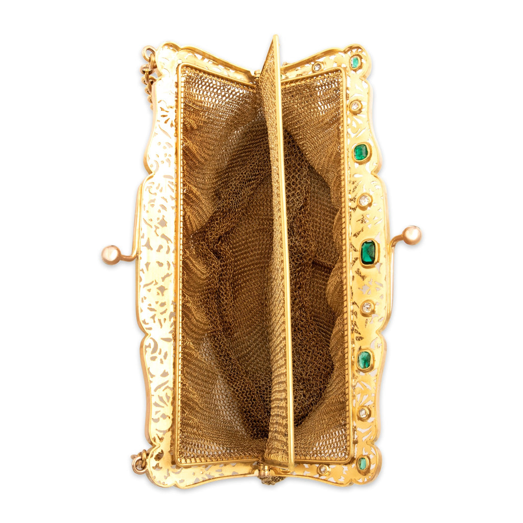 Antique-Style Rare Gold Tone Simulated Emerald . Old Mine Simulated Diamond Full-Size Purse