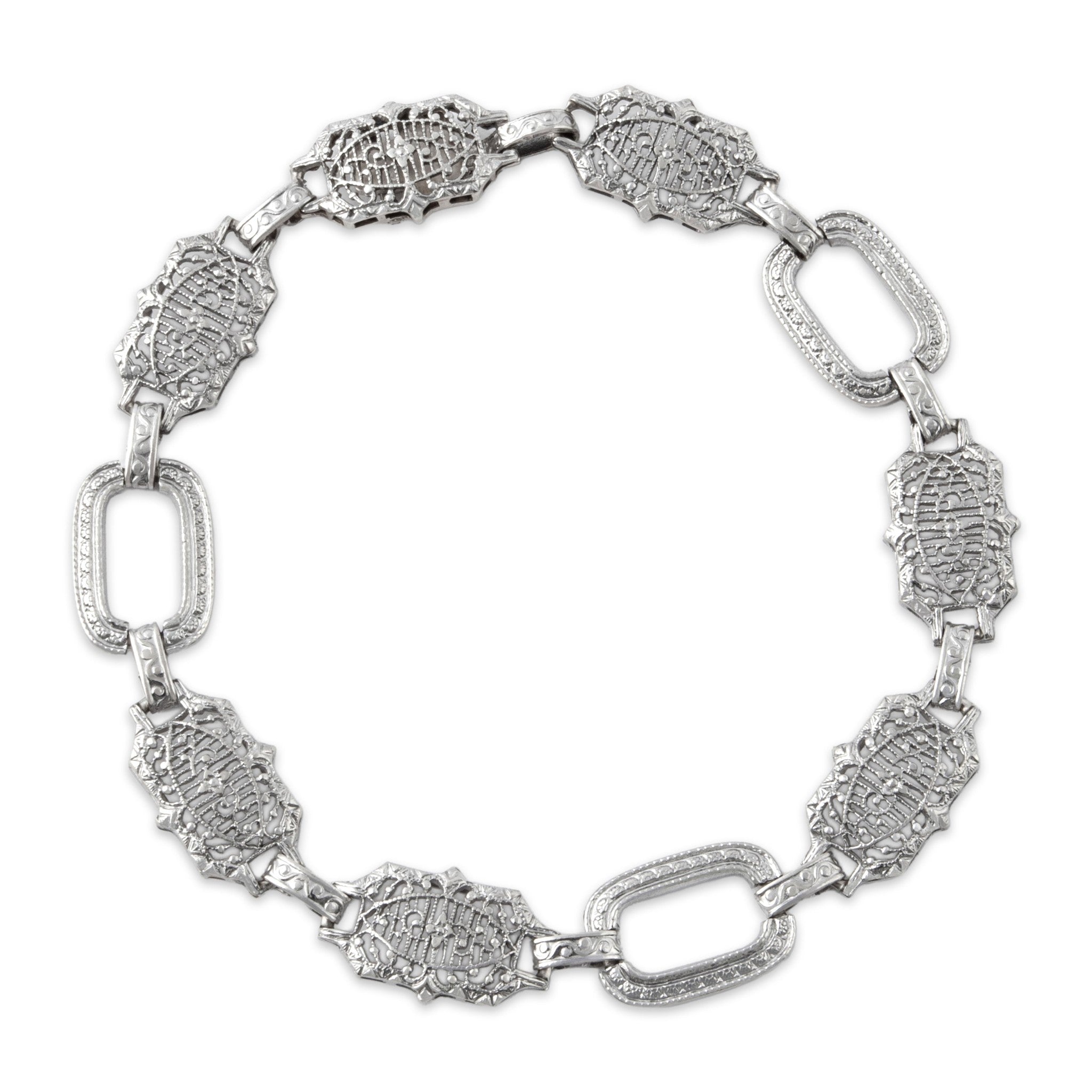 Antique-Style Art Deco White Gold Tone Wonderful Geometric Openwork Link Bracelet 6.5"