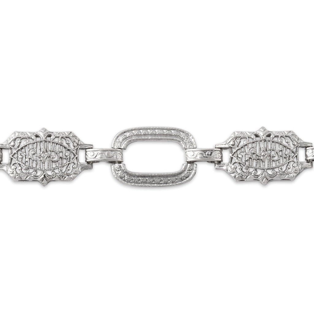 Antique-Style Art Deco White Gold Tone Wonderful Geometric Openwork Link Bracelet 6.5"