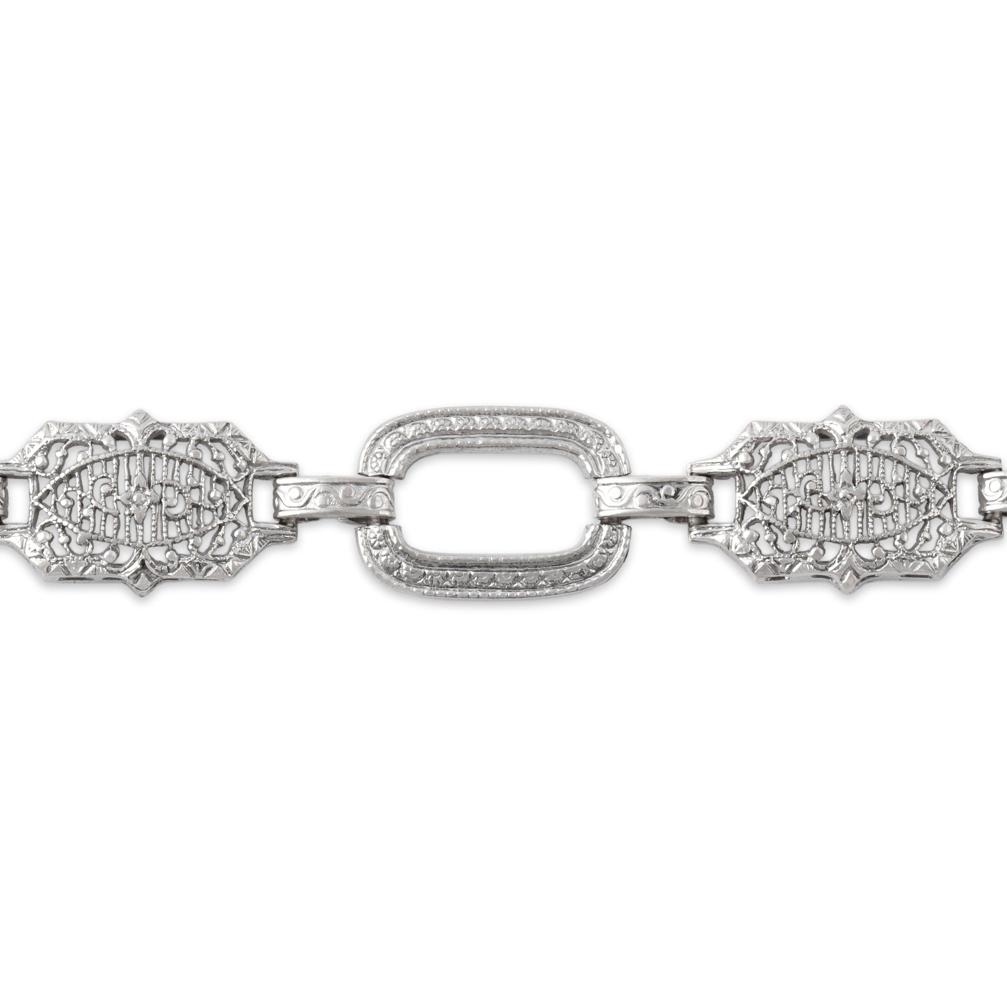 Antique-Style Art Deco White Gold Tone Wonderful Geometric Openwork Link Bracelet 6.5"