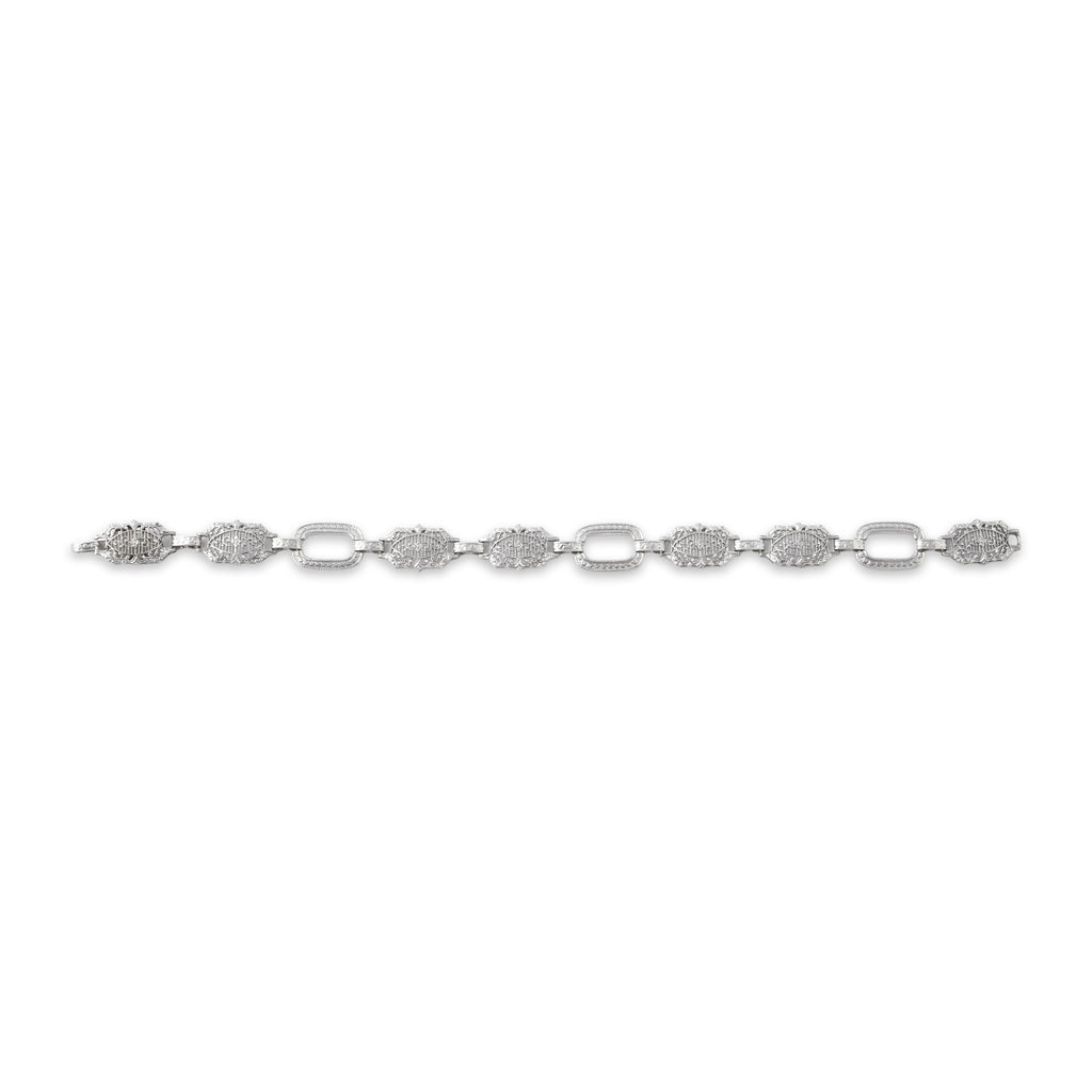 Antique-Style Art Deco White Gold Tone Wonderful Geometric Openwork Link Bracelet 6.5"