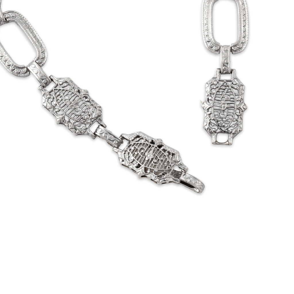 Antique-Style Art Deco White Gold Tone Wonderful Geometric Openwork Link Bracelet 6.5"
