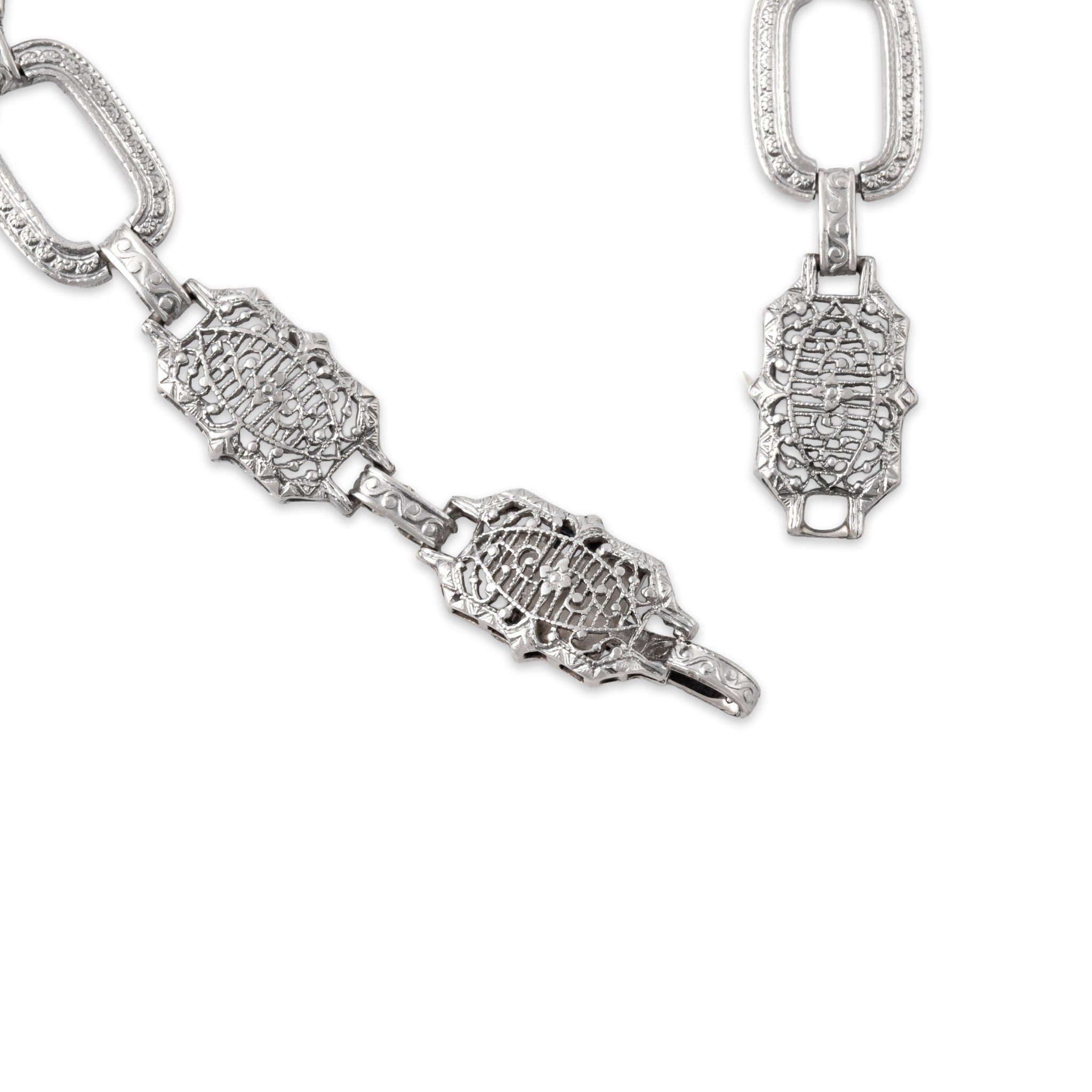 Antique-Style Art Deco White Gold Tone Wonderful Geometric Openwork Link Bracelet 6.5"