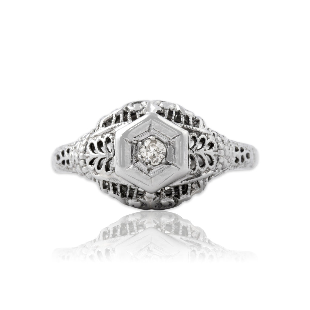 Antique-Style Art Deco White Gold Tone Old European Cut Simulated Diamond Solitaire Ring 6.25