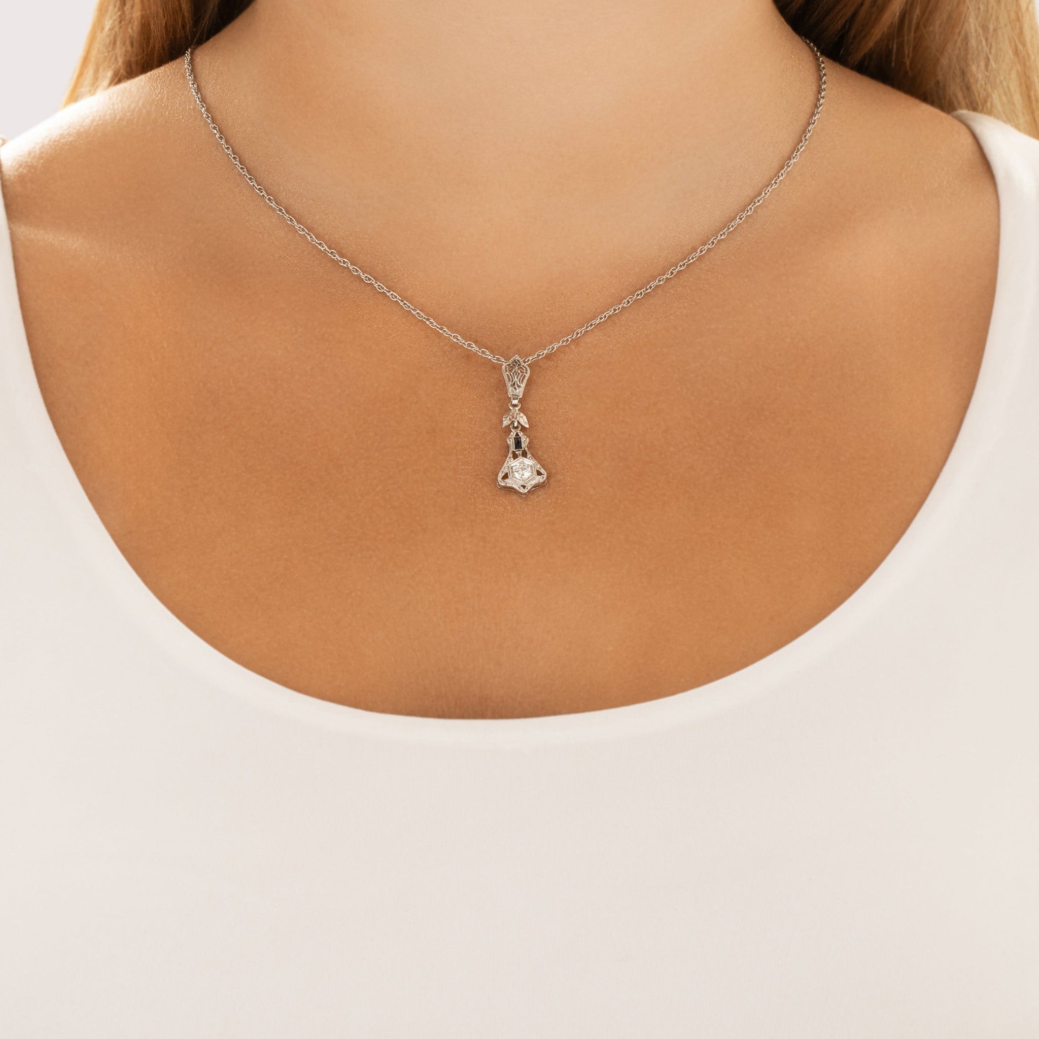Antique-Style Art Deco White Gold Tone Old European Cut Simulated Diamond Synthetic Sapphire Pendant