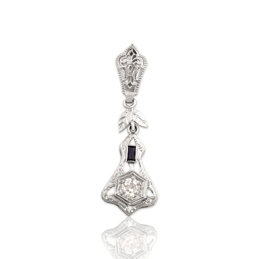 Antique-Style Art Deco White Gold Tone Old European Cut Simulated Diamond Synthetic Sapphire Pendant