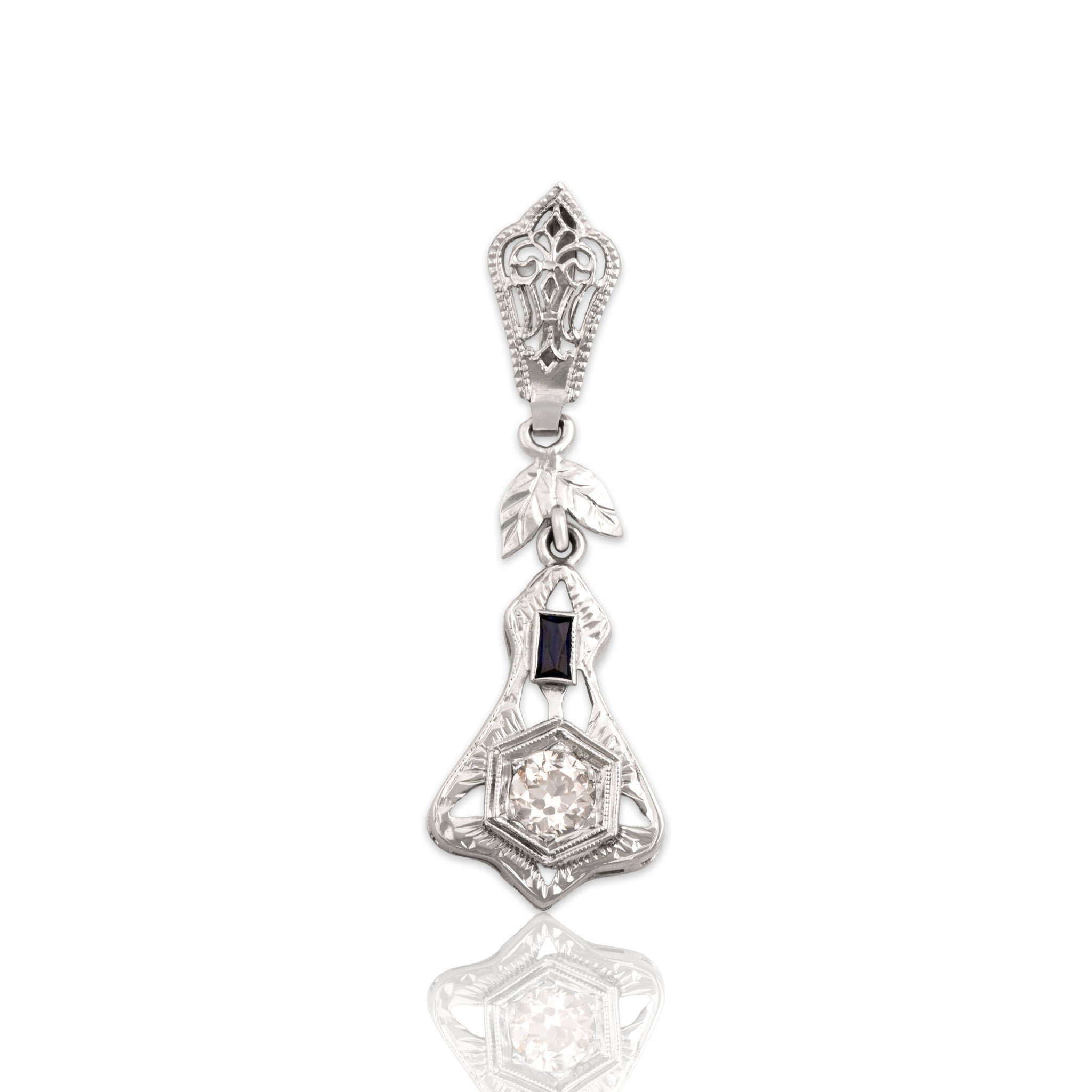 Antique-Style Art Deco White Gold Tone Old European Cut Simulated Diamond Synthetic Sapphire Pendant