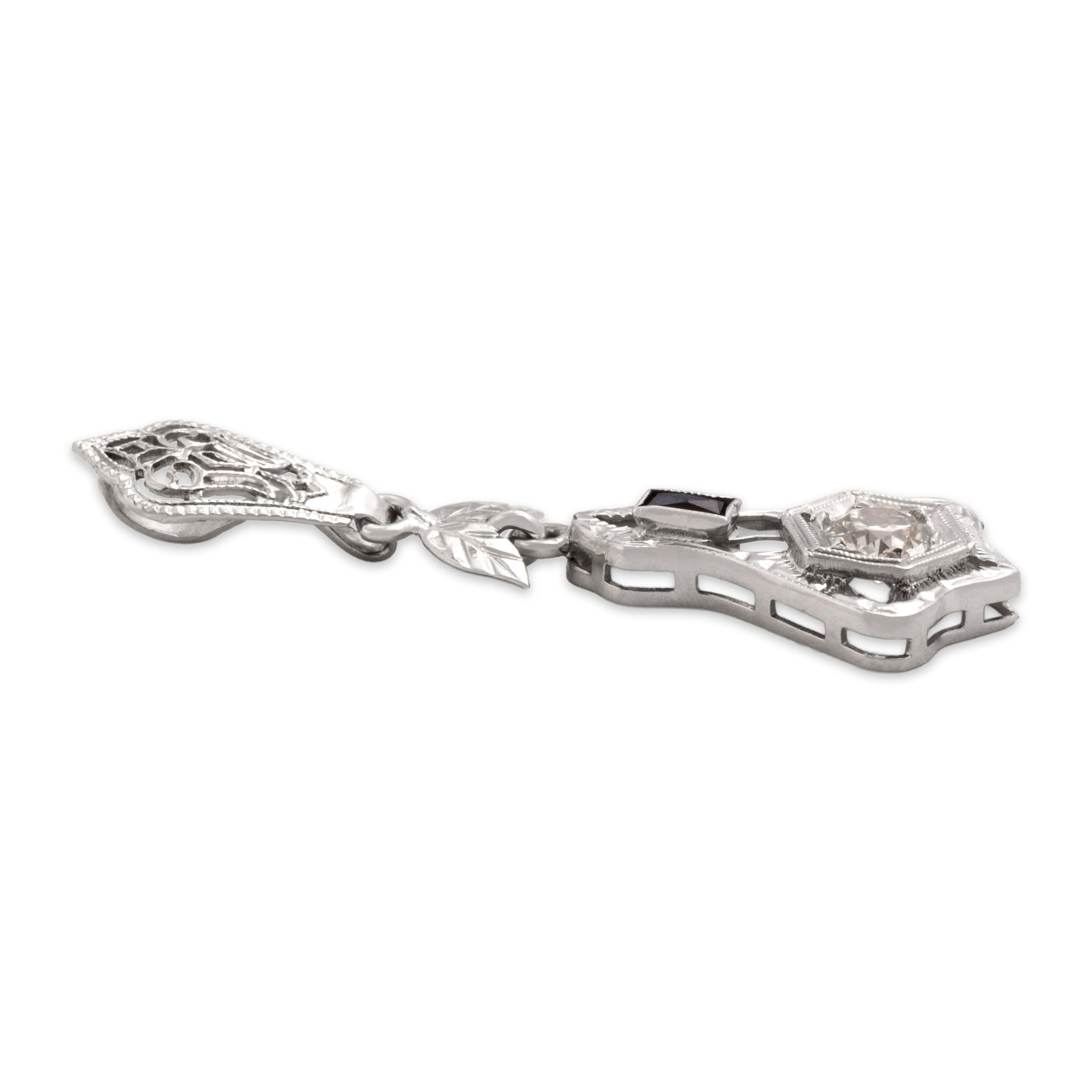 Antique-Style Art Deco White Gold Tone Old European Cut Simulated Diamond Synthetic Sapphire Pendant