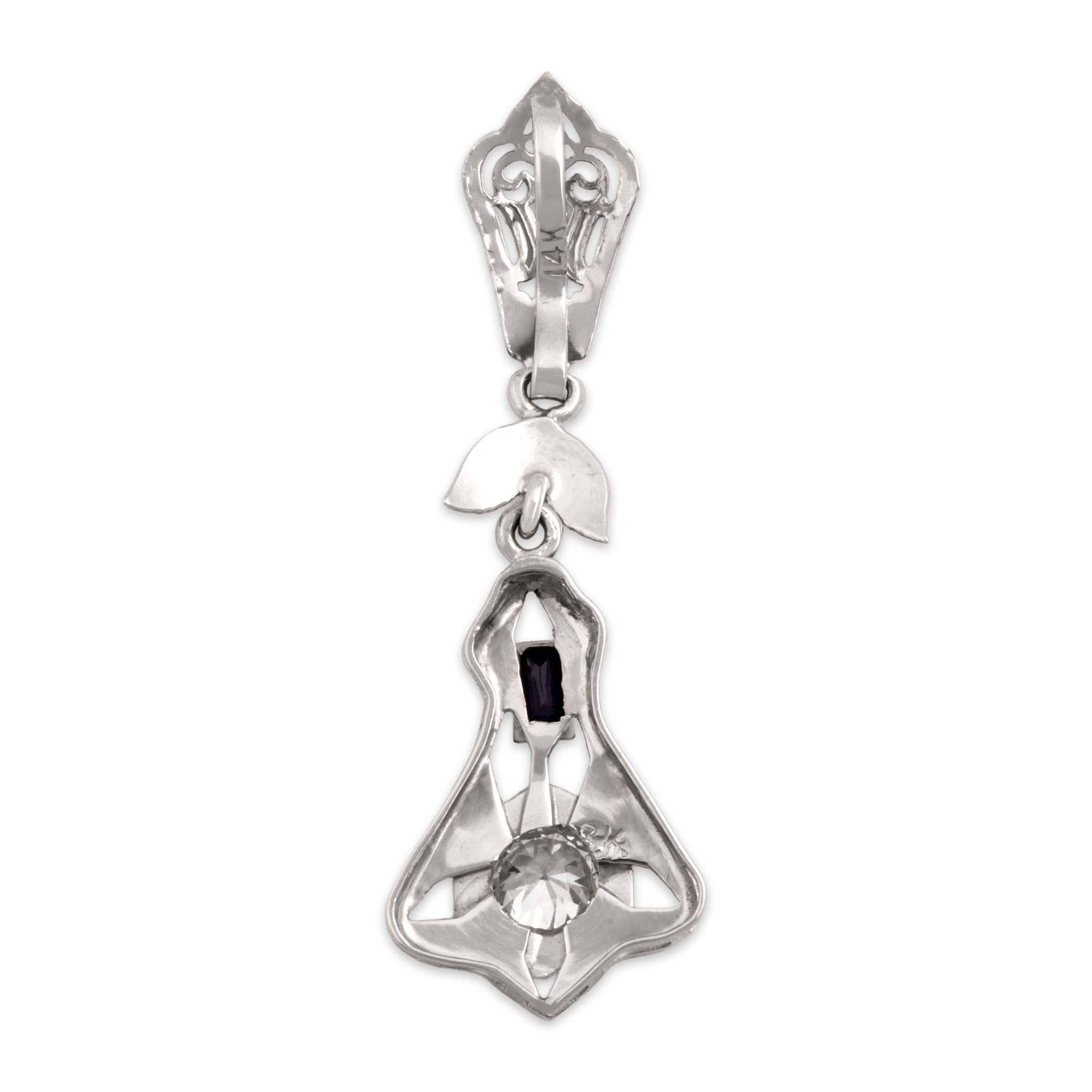 Antique-Style Art Deco White Gold Tone Old European Cut Simulated Diamond Synthetic Sapphire Pendant